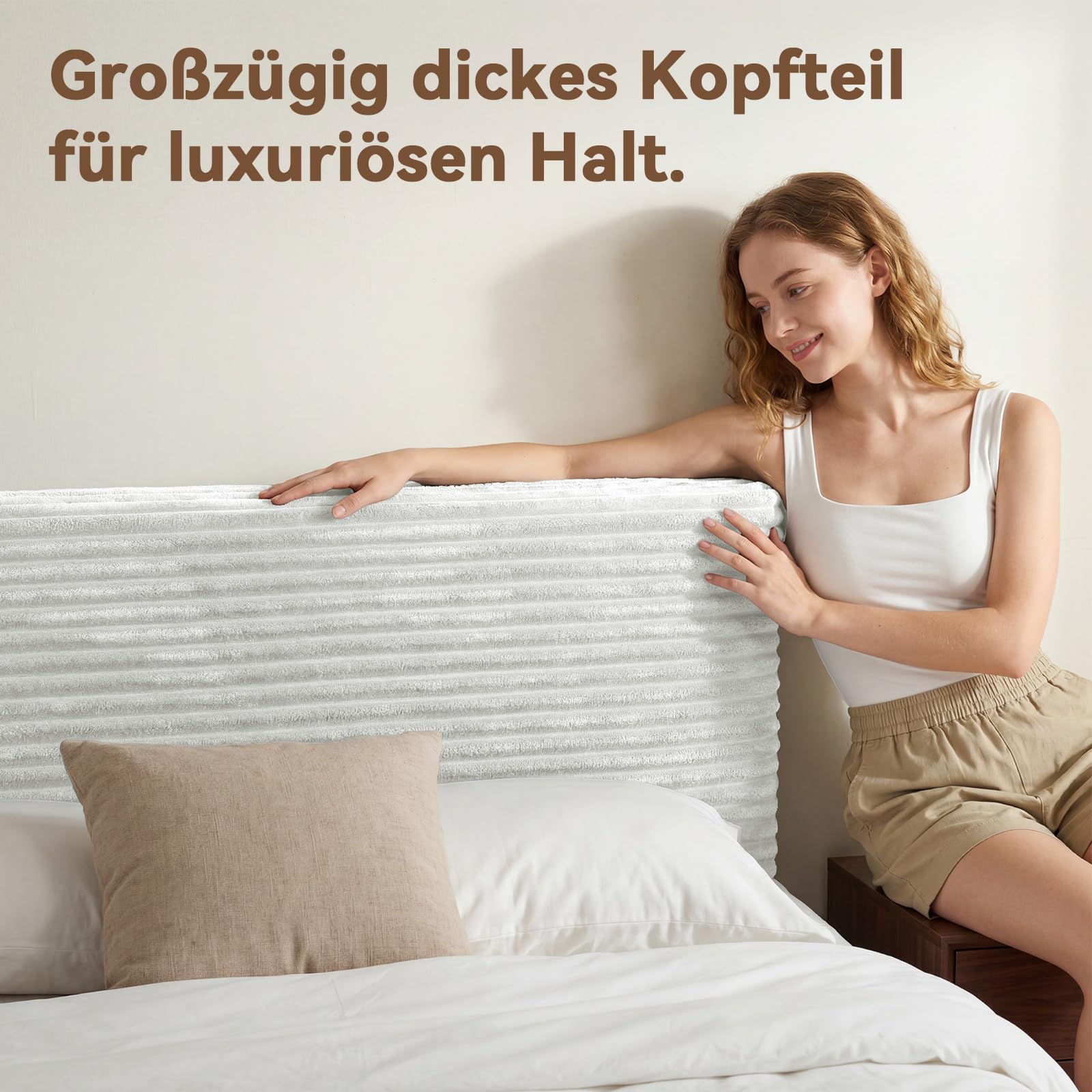 Vamcheer Schaumstoff-Bettgestell 140x200 cm (Ohne Matratze), Polsterbett mit 15cm extra Dicker Kopfteil, Geräuschloses Soft-Bett ohne Werkzeug Montage, Anti-Kollision Design, Beige