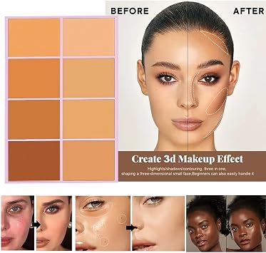 Matte Cream Concealer Palette 8 Shades, Waterproof Full Coverage for Blemishes, Long-Lasting Lightweight Formula with Applicator, Medium Color, Safe for Sensitive Skin