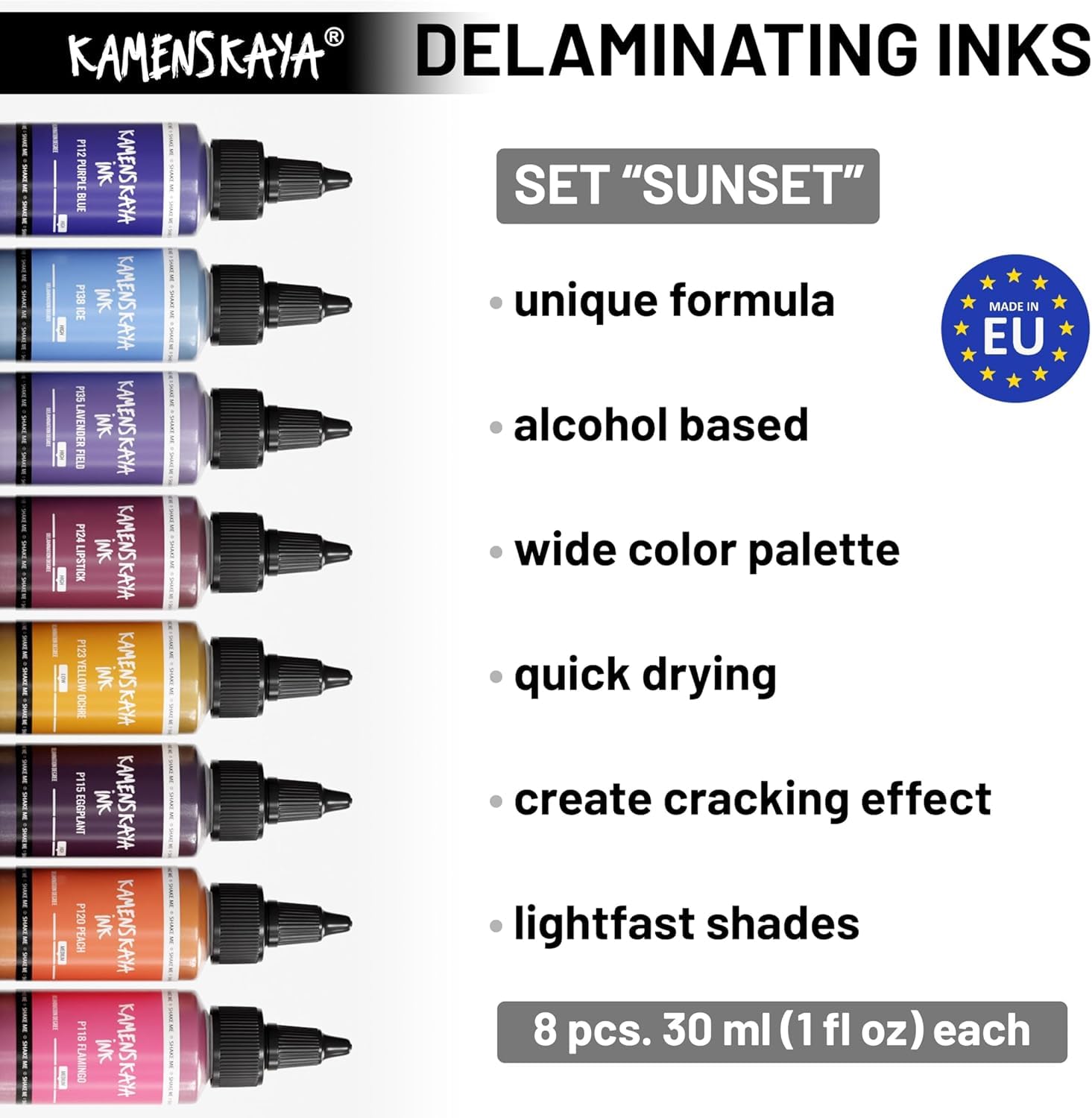 KAMENSKAYA Delaminating Alcohol Inks - Delaminating Ink Set 'Sunset' - 8 pcs. 1 Fl Oz (30 ml) Each