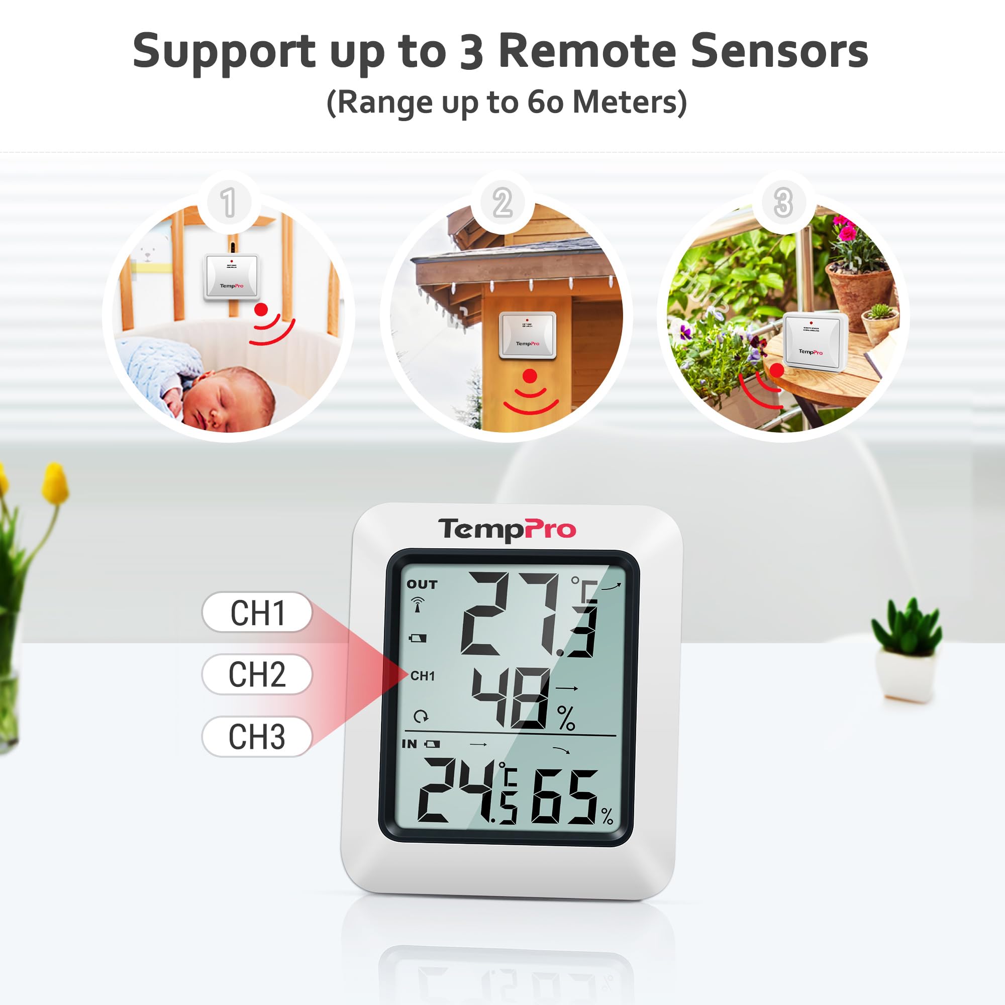 ThermoPro Radiowy termohigrometr, higrometr, monitor klimatyzacji, stacja pogodowa z radiowym czujnikiem zewnętrznym, zasięg do 150 m, 3 sztuki