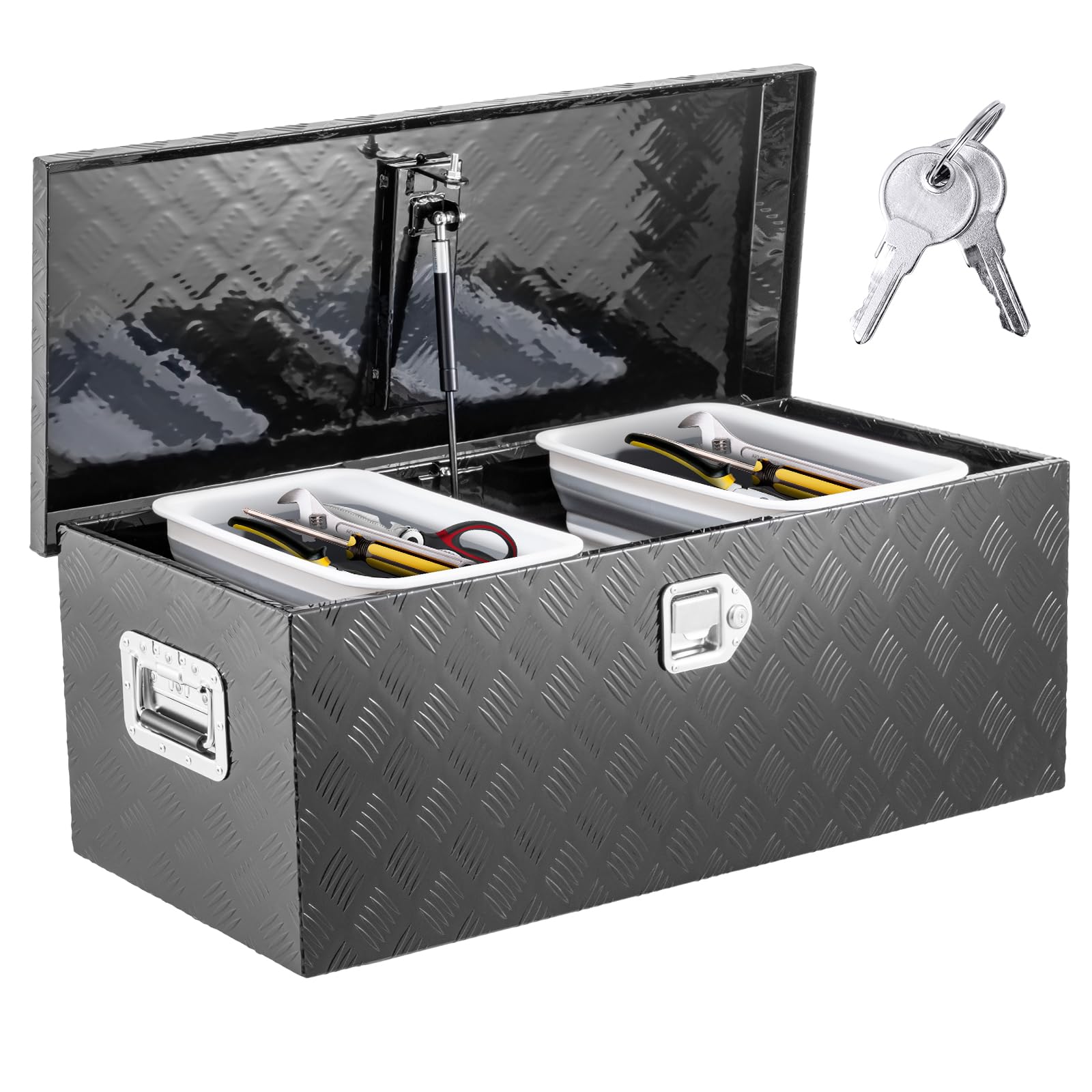 KING CHAO FOO 39"x15"x14" Aluminum Truck Tool Box, Heavy Duty Lockable Tool Chest with 2 Keys & 2 Trays, Weather-Resistant Storage Box for Truck Bed,