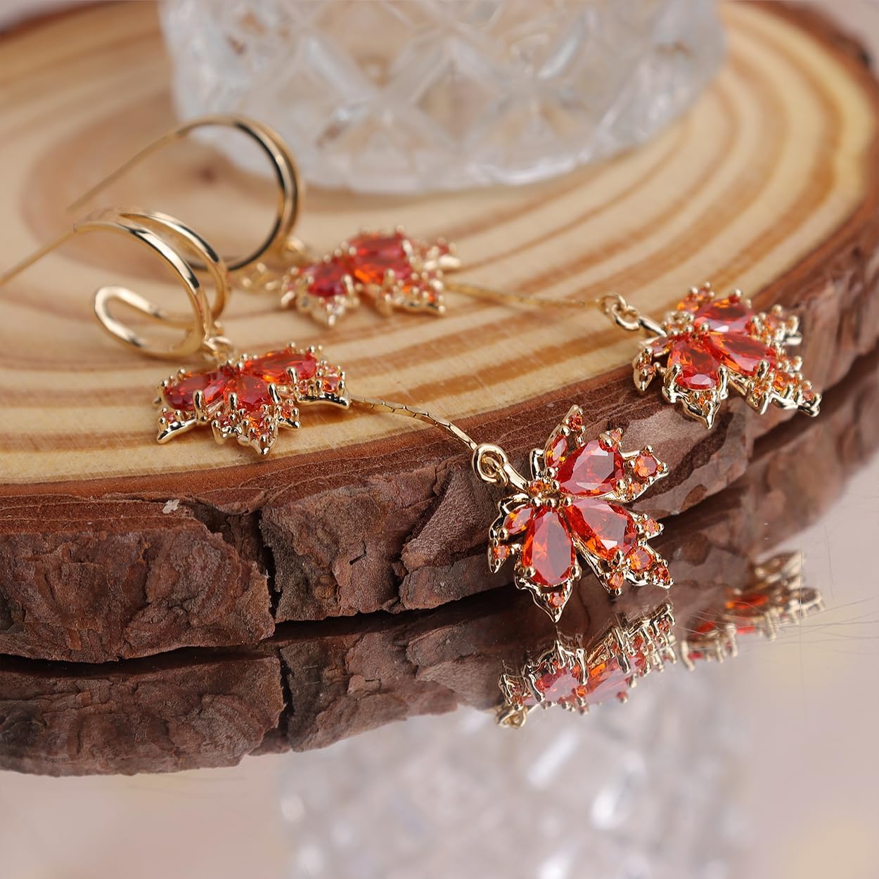 Sonateomber Gold Open Hoop Flower Fall Maple Leaf Drop Dangle Earrings for Women – Elegant Sparkly Crystal Cubic Zirconia Rhinestone Earring Dangling Prom Party Holiday Jewelry Gift - Image 7