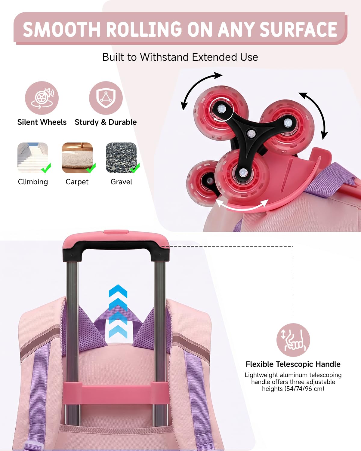Tanou Mochila escolar con ruedas para niñas, mochila escolar con ruedas de 2 a 5 clases, mochila escolar para niñas con 6 ruedas, desmontable, Rosa., Mittelgroße, Preppy