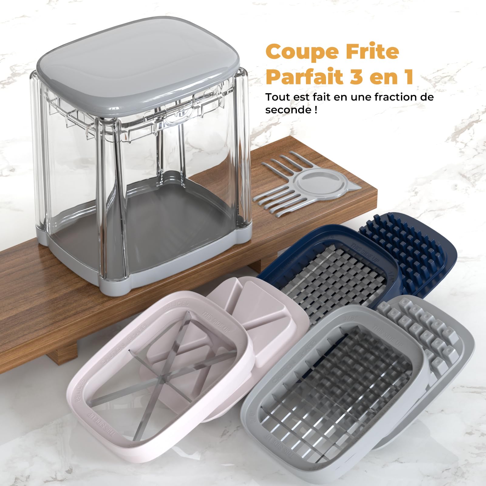 Coupe Frites Manuel, Coupe Frite Rapide avec 3 Lames en Acier Inoxydable, Coupe Pomme de Terre pour Frite, Coupe Legumes Multifonctions Parfait pour Fruits et Légumes(Gris)