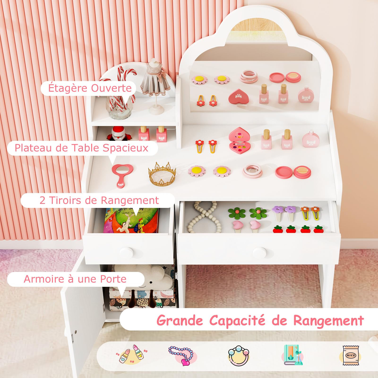 COSTWAY 2 en 1 Bureau Enfant Fille avec Chaise & Miroir en Forme Nuage, Coiffeuse Enfants Fille avec Étagère & Tiroirs & Armoire Fermée, Dispositif Anti-basculement, Charge 50kg pour 3-7 Ans