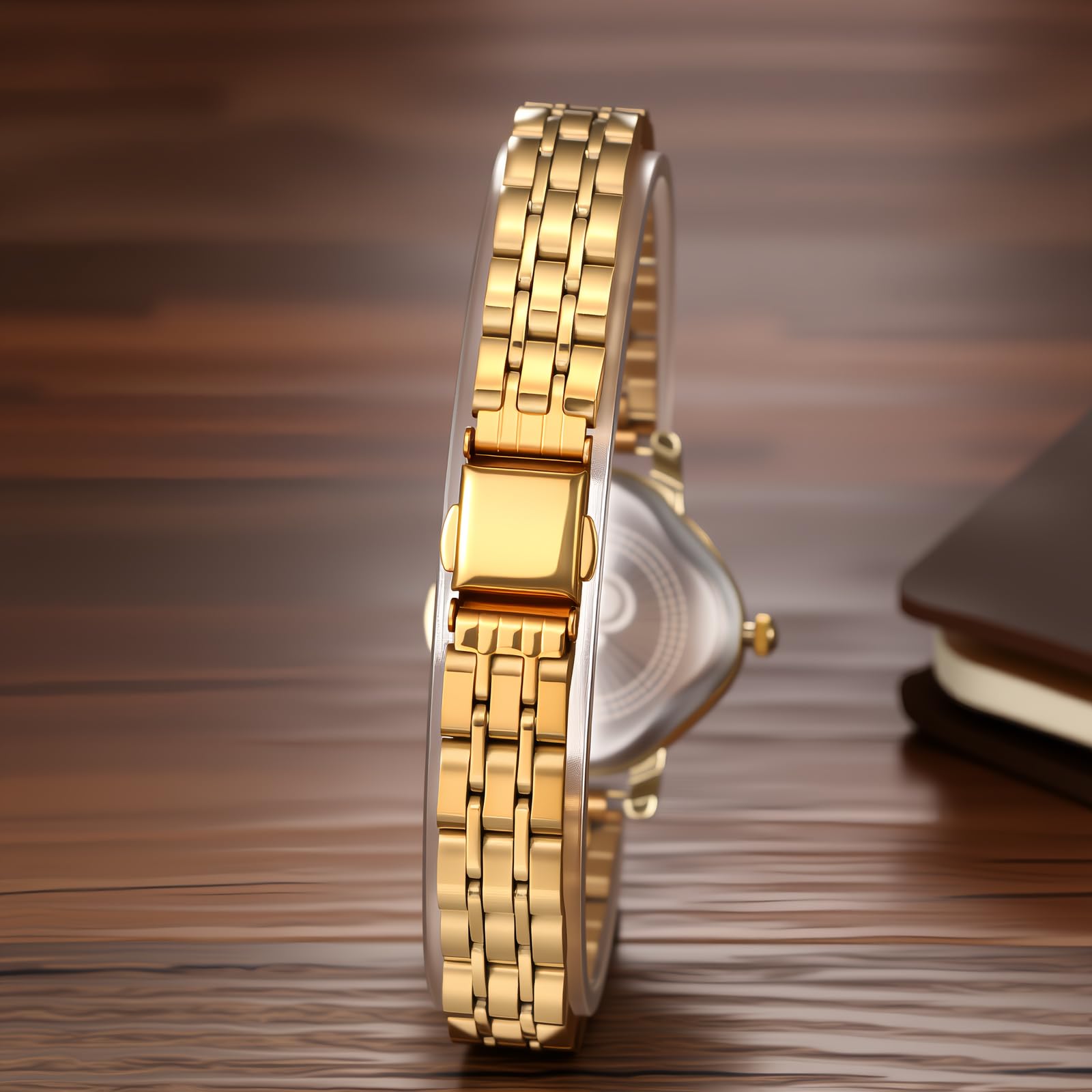 JewelryWe Reloj de pulsera gruesa para mujer: reloj de pulsera abierta de acero inoxidable en tono dorado, esfera analógica de cuarzo fácil de leer con números romanos con detalles de circonita cúbica