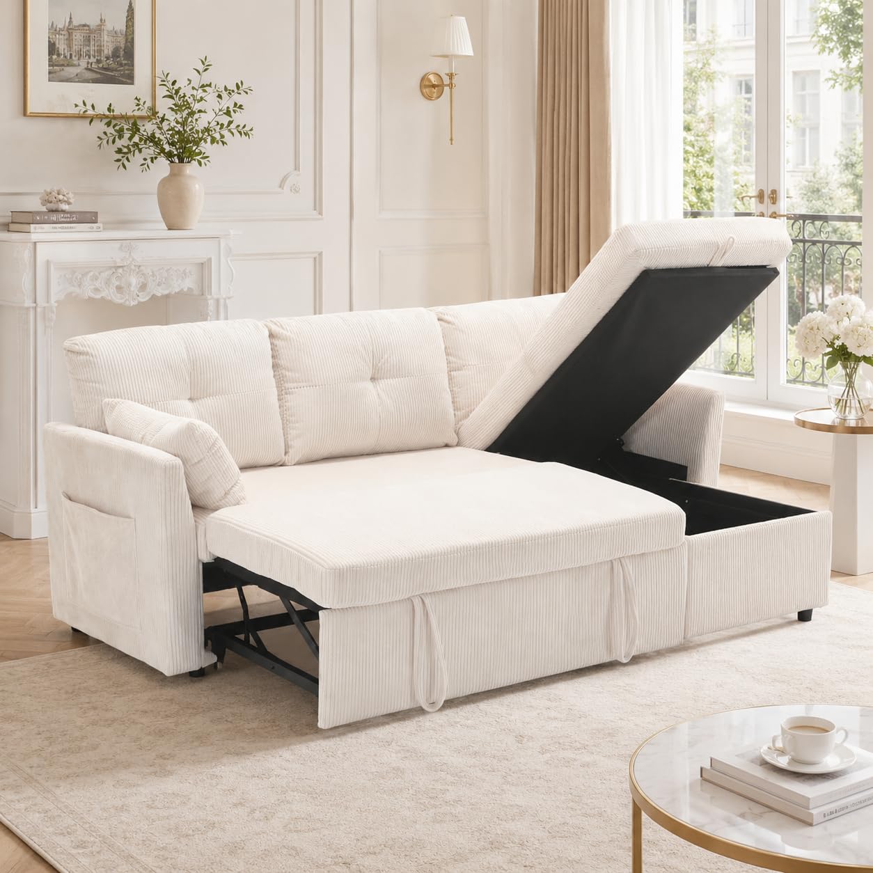 Sapgaks Ecksofa, ausklappbar, mit Sitzgelegenheiten und Armlehnentaschen, ausziehbares Sofa mit Streifenform, 3-Sitzer-Sofa, Samt (beige)