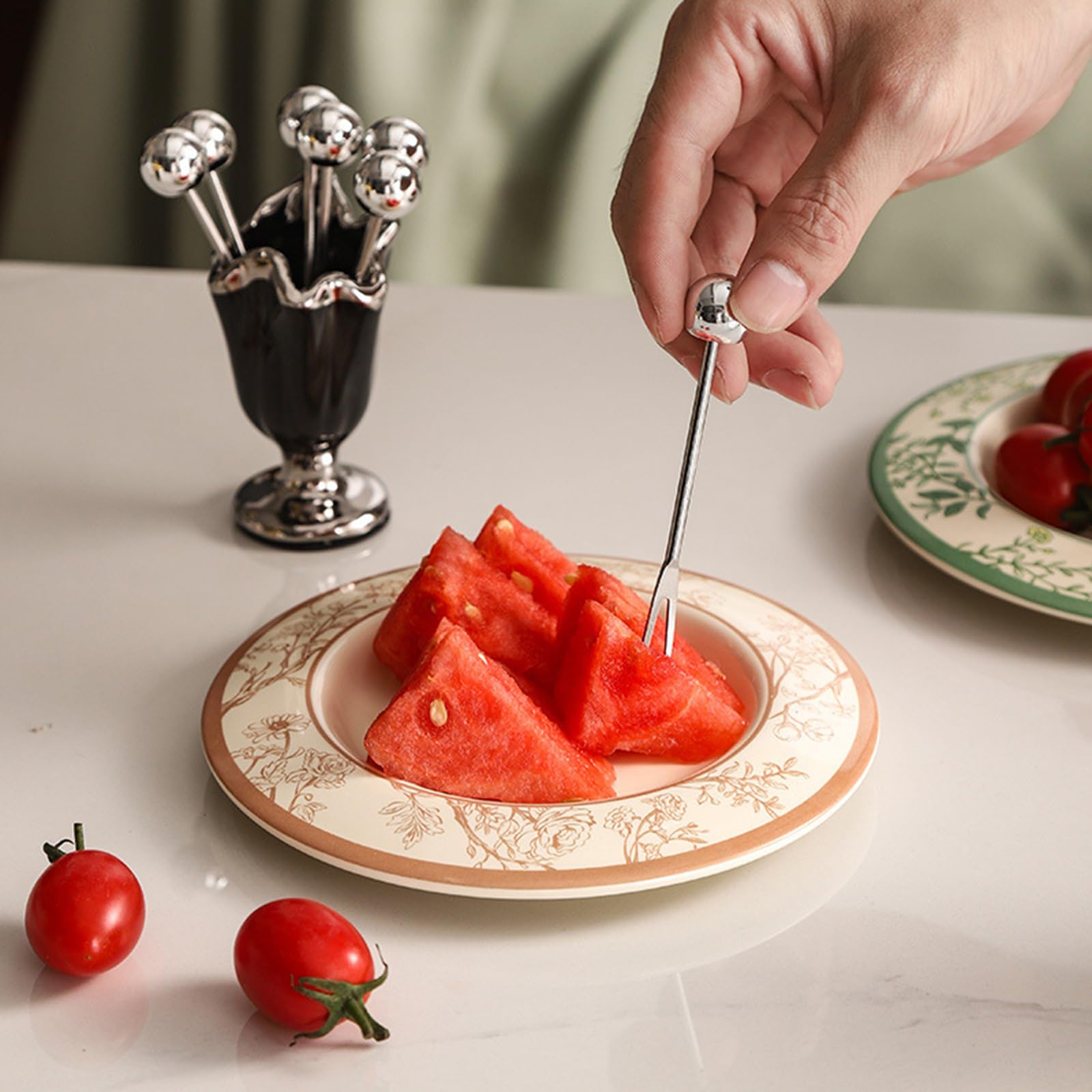 Set di 6 Forchette da Frutta con Supporto in Ceramica, Mini Forchette di Lusso in Acciaio Inossidabile per Dessert, Antipasti, Frutta e Dolci,White 1