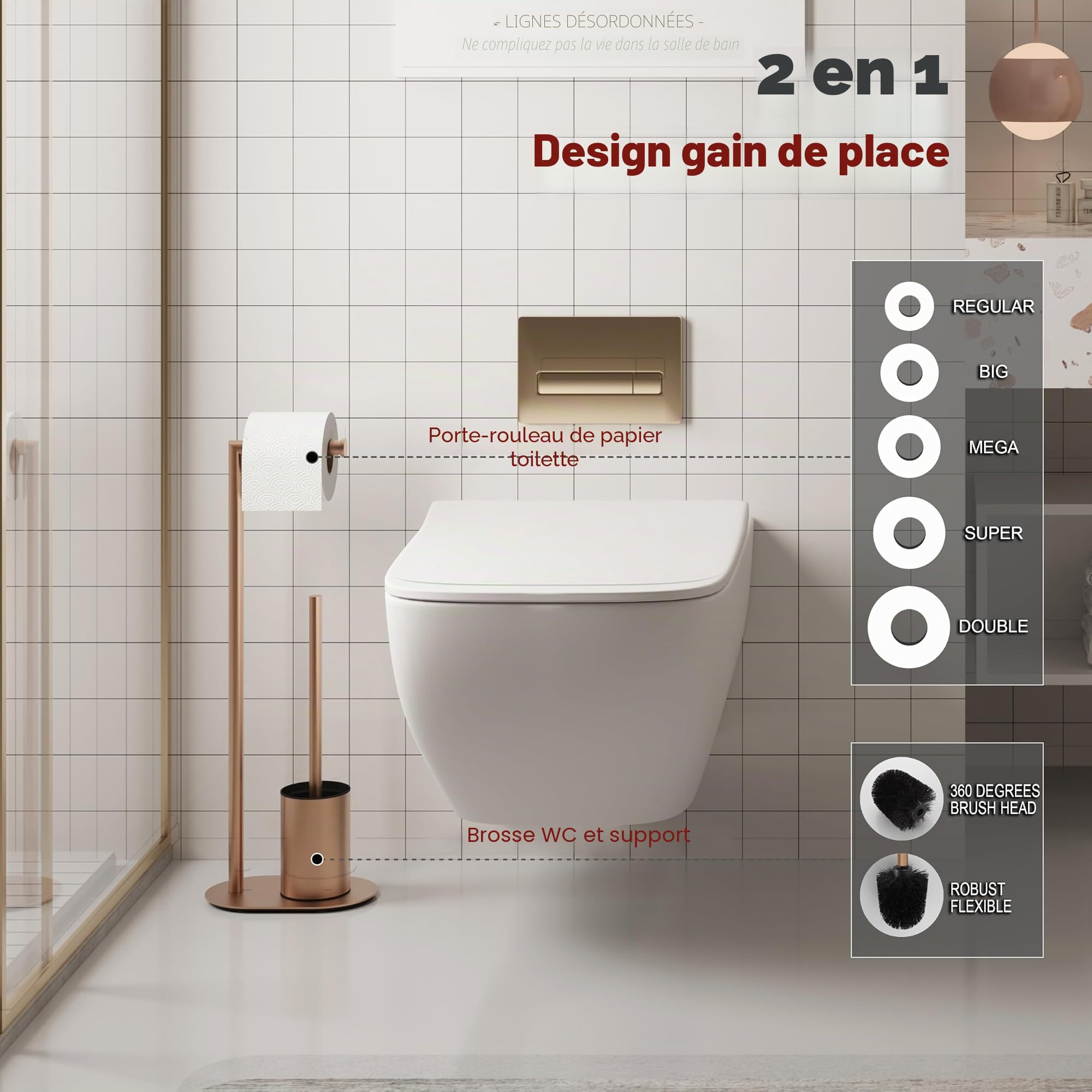 BVL Brosse WC en acier inoxydable or rose avec porte-papier toilette, brosse WC et porte-papier toilette debout