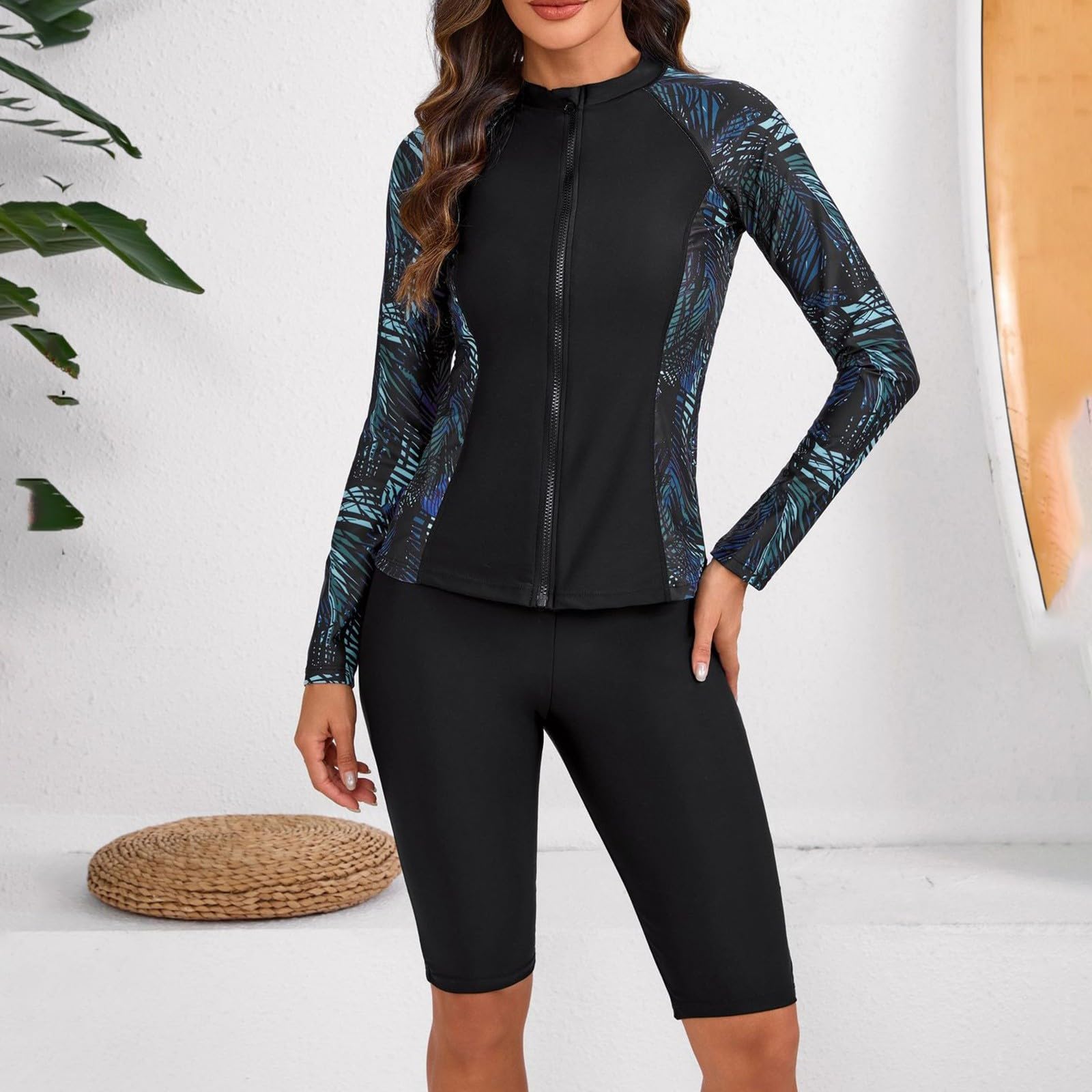 Generisch Costume da bagno da donna con motivo floreale, 3 pezzi, Rashguard, chiusura lampo, maglietta a maniche lunghe, protezione solare, per sport acquatici, set tankini per surf, nuoto, set da 3