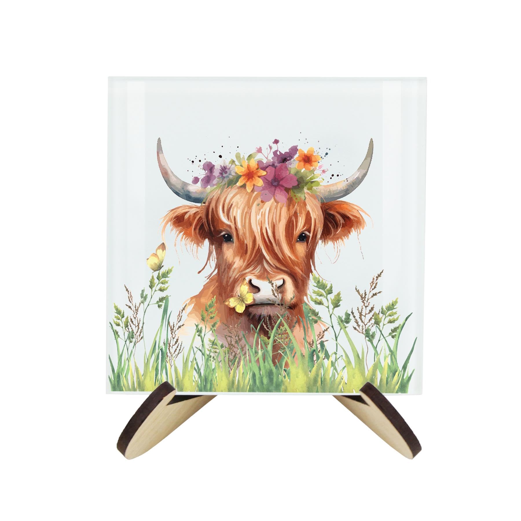 Purely Home Highland Cow Coaster Set - Square Glass Cow Animal Floral Design - Set Of Four (4) Coasters & Wood-Effect Stand
