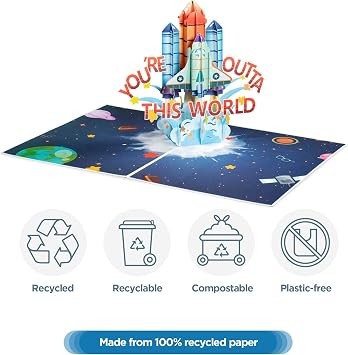 Paper Love Frndly 3D Pop Up Father's Day Card, Your Outta this world Rocket, Gift for Dad, Husband, Son & Anyone, Handcrafted - 100% Recycled and Eco-Friendly, 8 x 6 Cover - with Note Tag