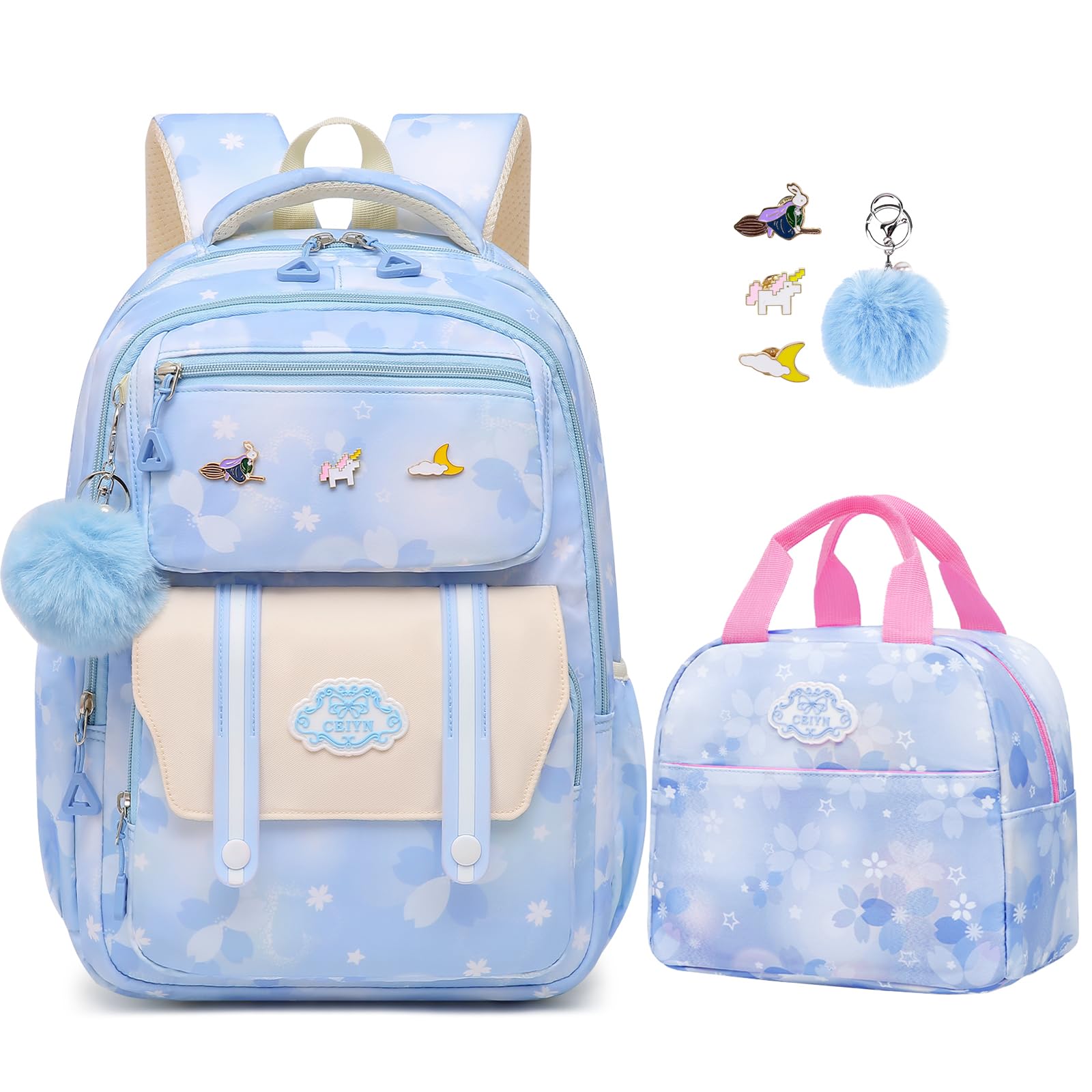 Alrisg Cute Girls Backpack - Stylish School Bag for Students Versatile Chic and Splash-Proof with Multiple Pockets（17inch Set Blue）