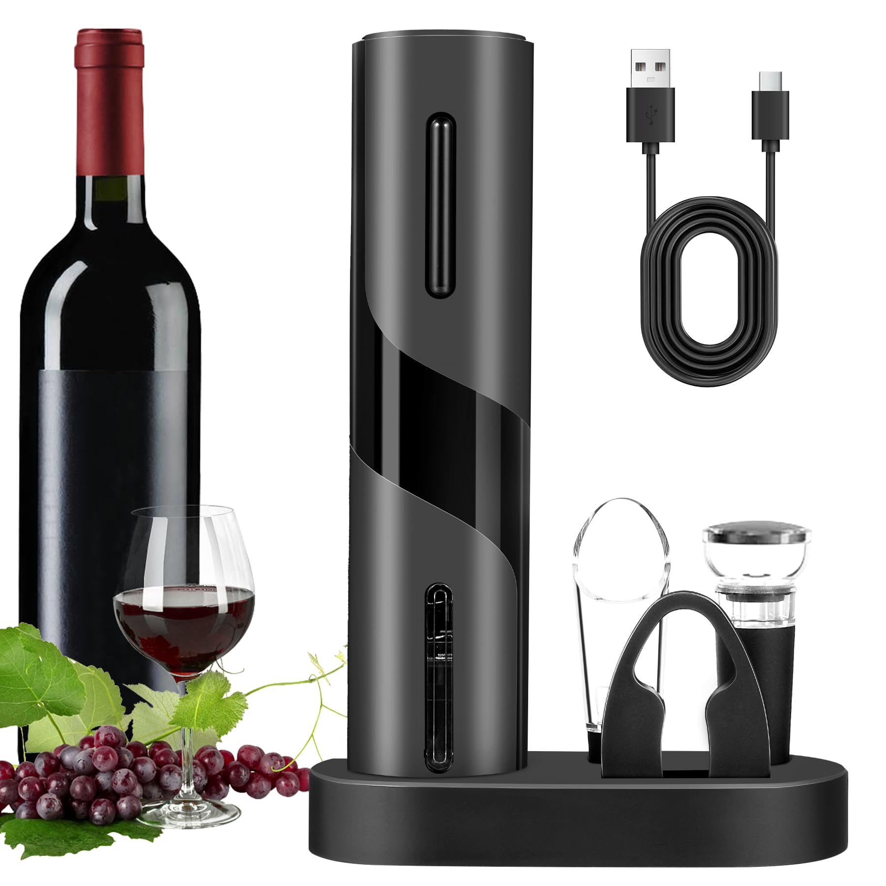 Breezesound 6-in-1 Electric Wine Bottle Opener Set, Cordless Rechargeable Wine Opener with Charging Base, Foil Cutter, Aerator Pourer & Stopper - Perfect Wine Gift Set for Wine Lovers