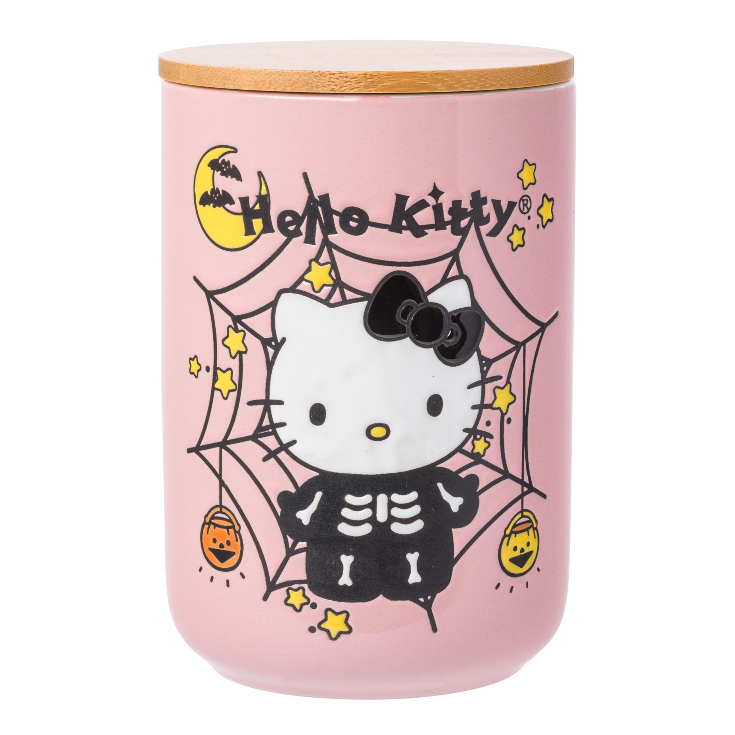 Silver Buffalo Sanrio Hello Kitty Halloween Spooky Skeleton Web Ceramic Cookie Snack Candy Jar with Airtight Bamboo Lid, Lavender (Small)
