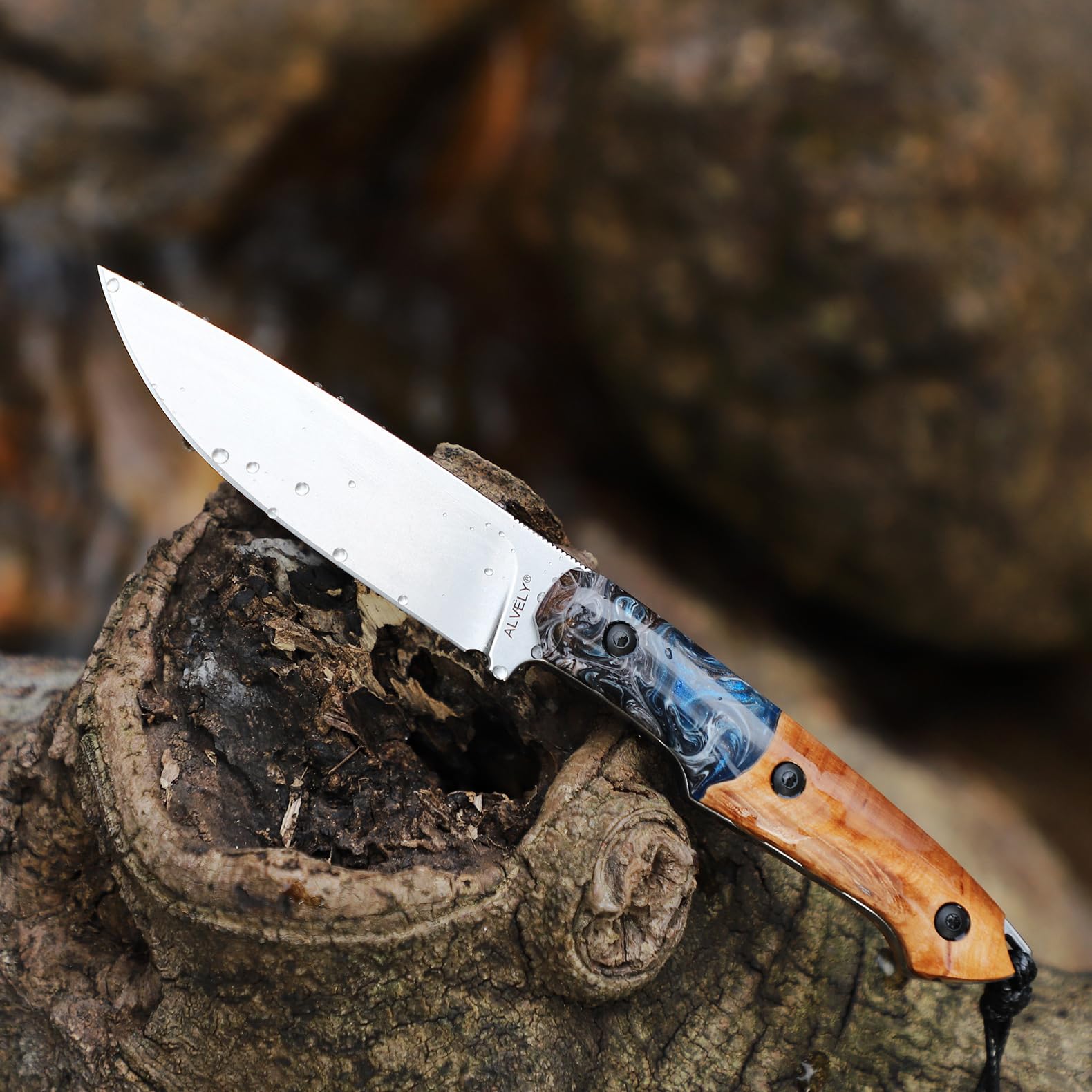 Handgefertigtes DC53-Stahlmesser mit feststehender Klinge, Outdoor-Taschenmesser für Herren, inklusive Scheide, Griff aus Kunstharz und Ahornholz, ideal für Camping und Bergsteigen.