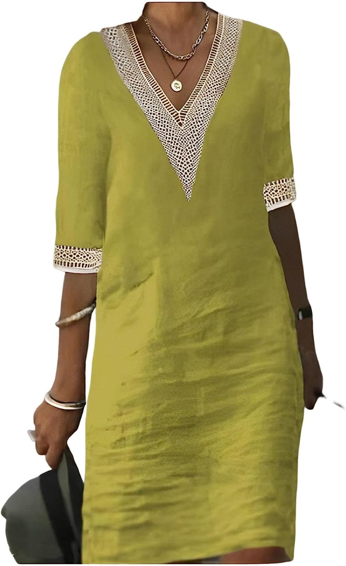 Women's lace V-Neck Cotton Linen MIDI Dress Summer Casual Bohemian Style Half-Sleeved Knee-Length Dress