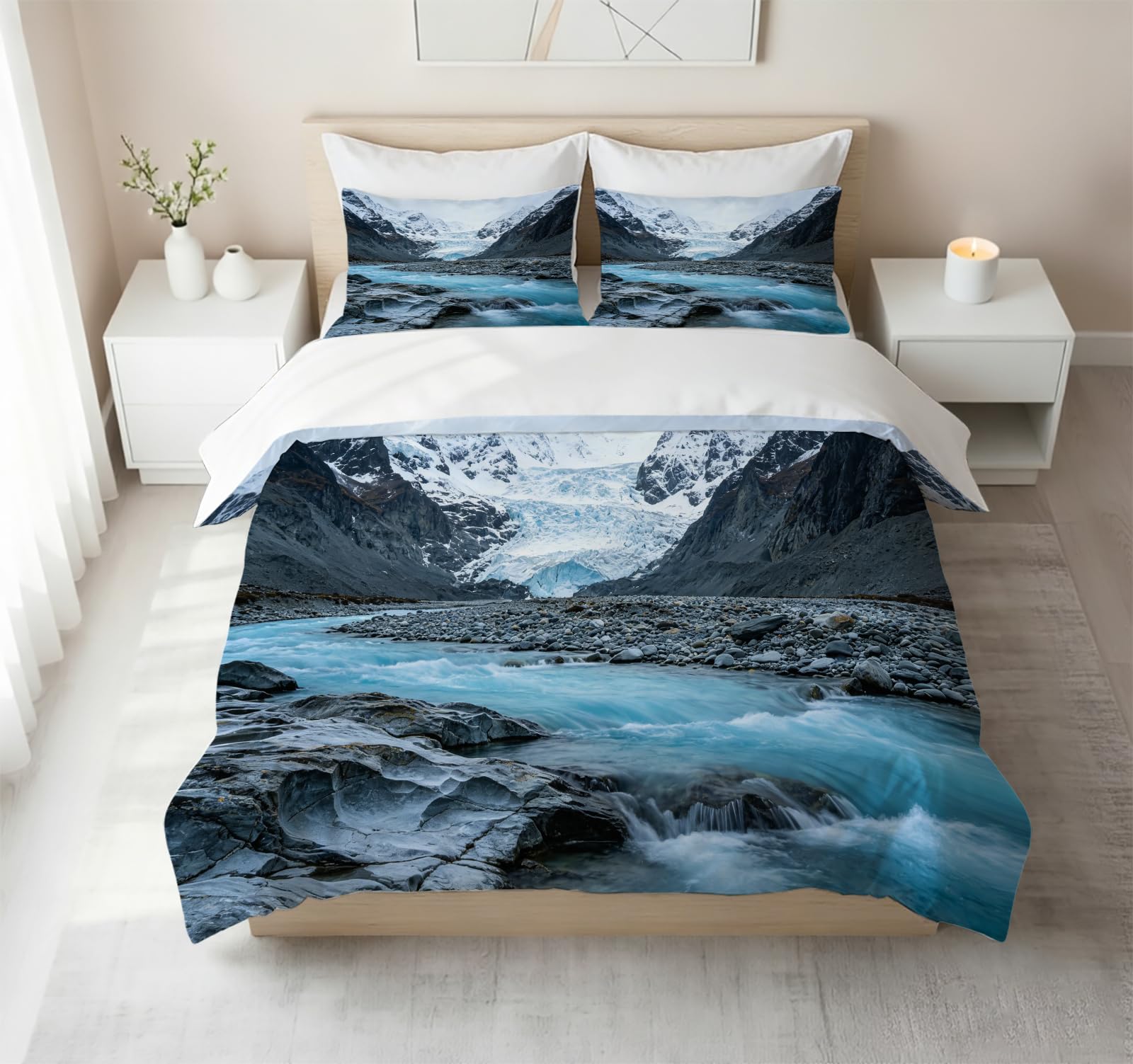 Funda Nórdica Cama 135/150 Río de Montaña Impresión 3D Microfibra Suave Ropa de Cama Paisajes Naturales Funda Edredon 220x240 cm con Cremallera y 2 Fundas de Almohada 50x75 cm l.1171