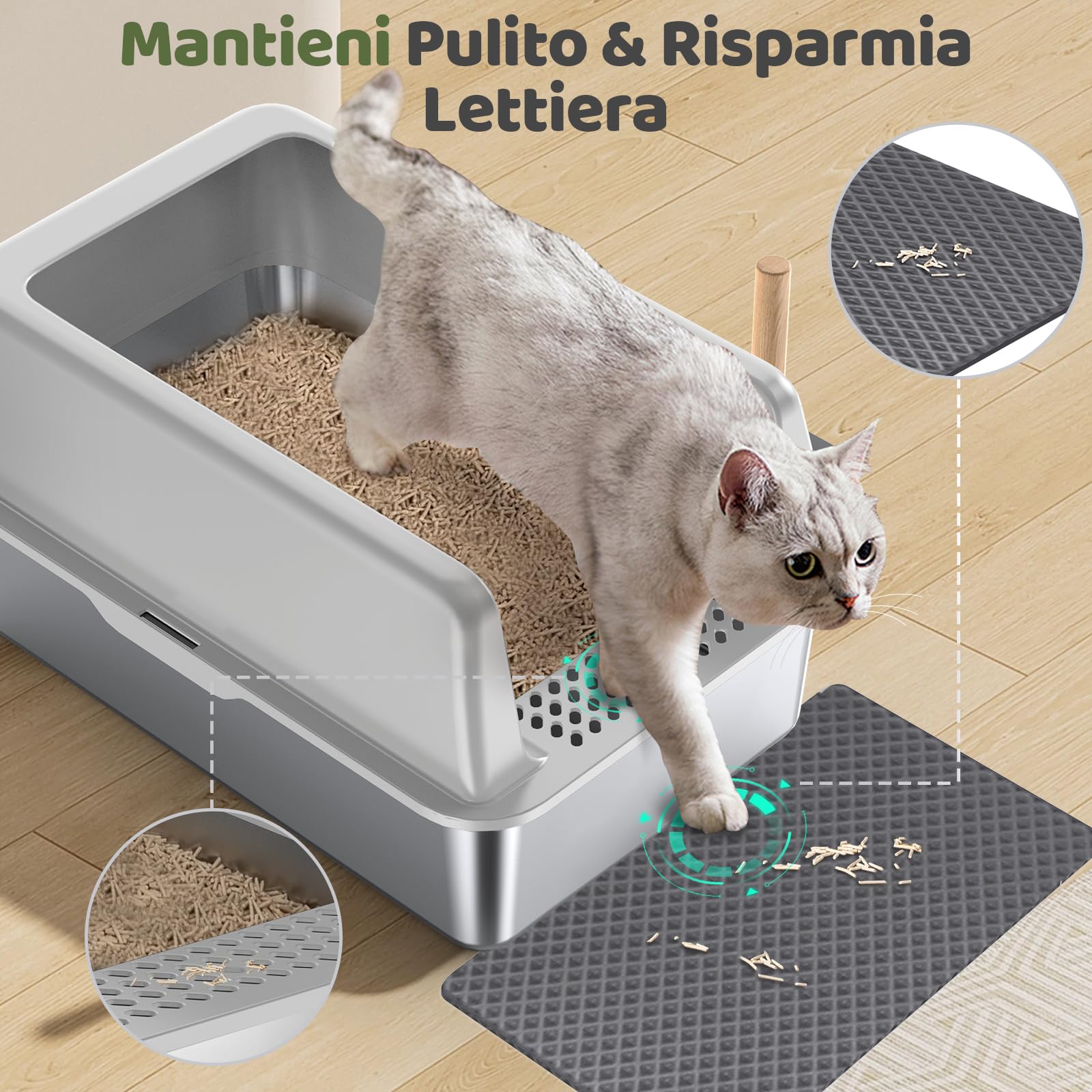 Gimars XL lettiera in acciaio per gatti, ampia vaschetta in acciaio inox da 20L con paletta e tappetino, lettiera in metallo ideale per gatti di taglia media e grande