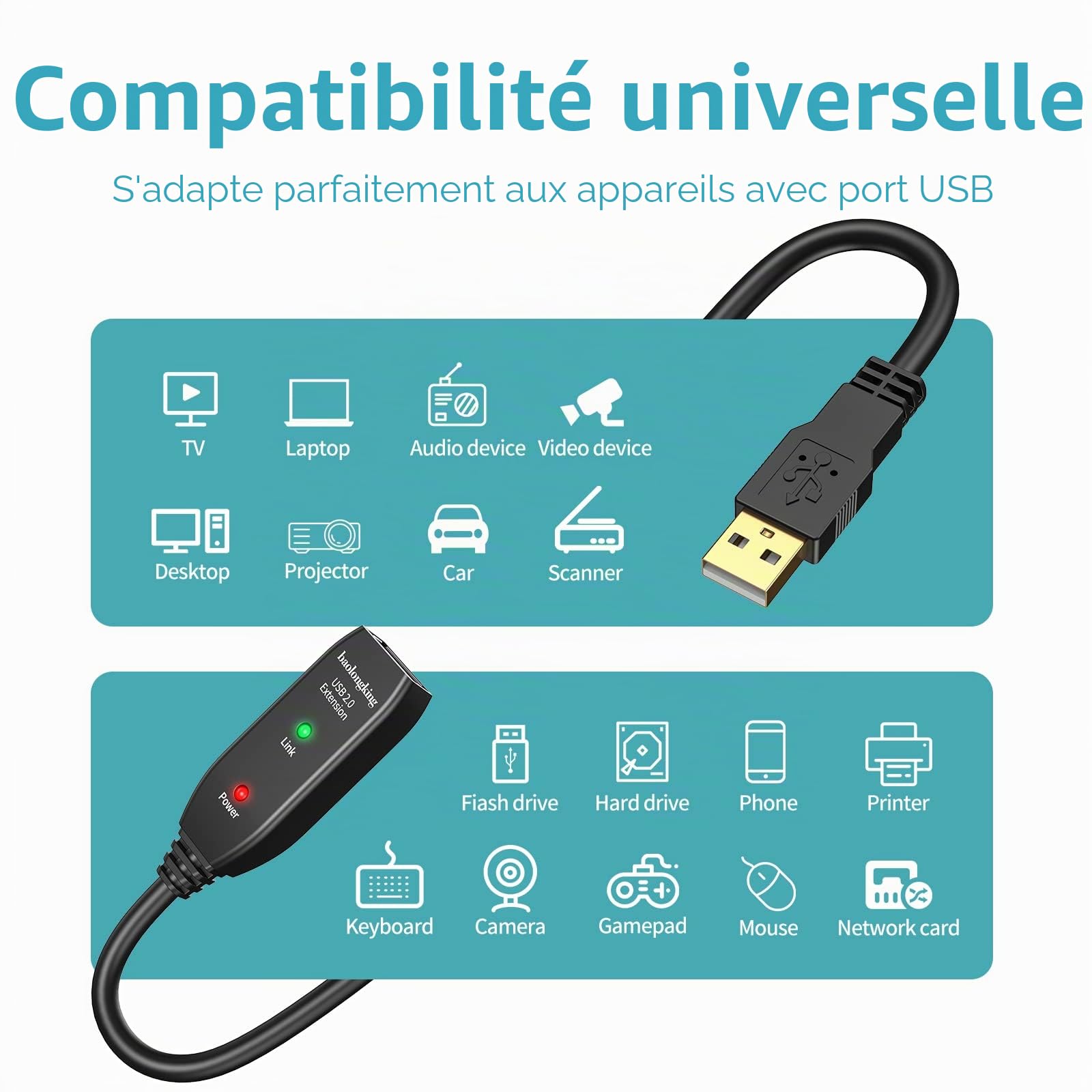 Rallonge USB 5 mètre, 10 mètre, 15 mètre, 20 mètre, USB 2.0 répéteur actif mâle A vers femelle A avec amplificateur de signal (15mètre)