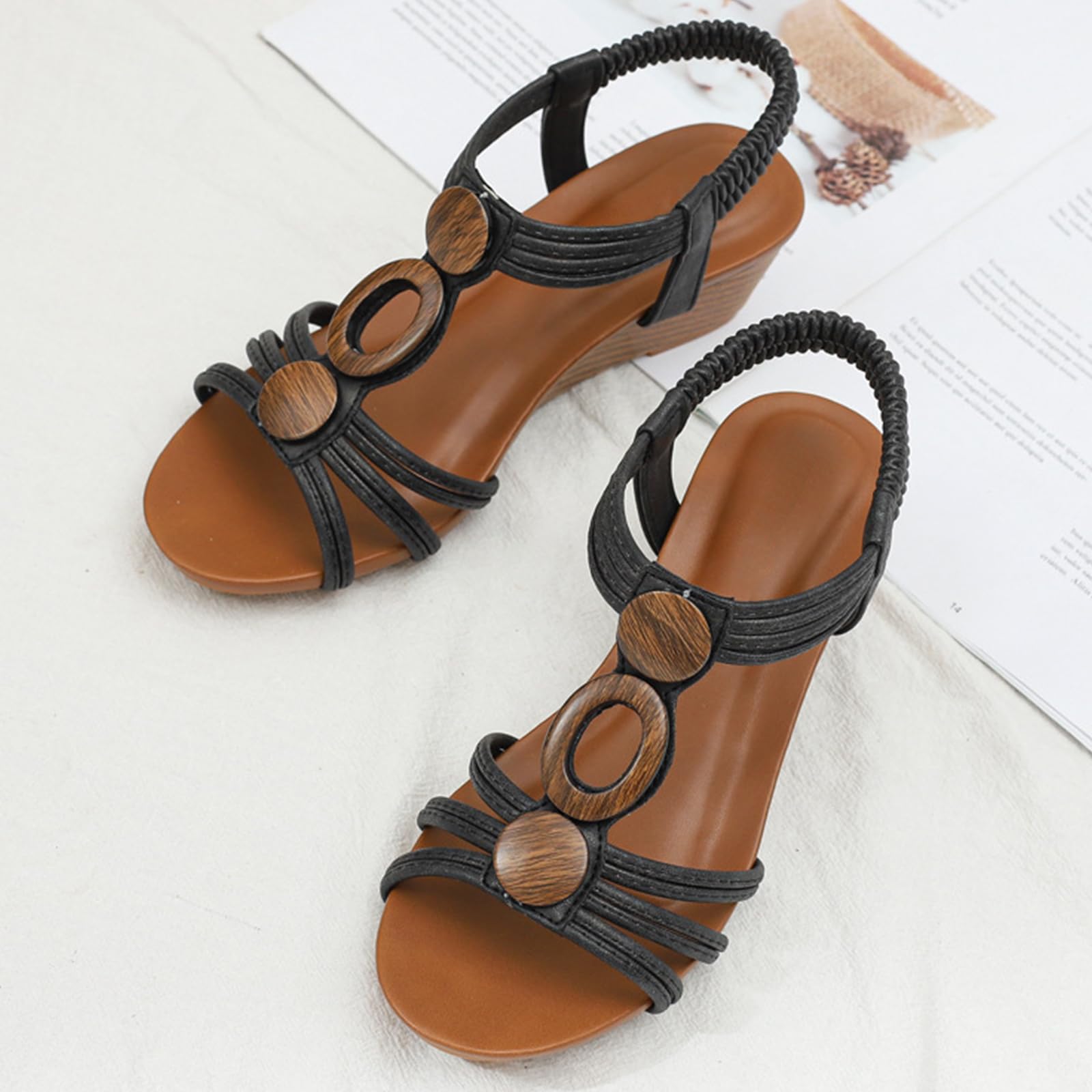 Sandalias romanas mujer sandalias de cuña punta redonda mujer tiras cruzadas caladas tira elástica al tobillo talón abierto aro efecto madera caminar diario viaje vacaciones