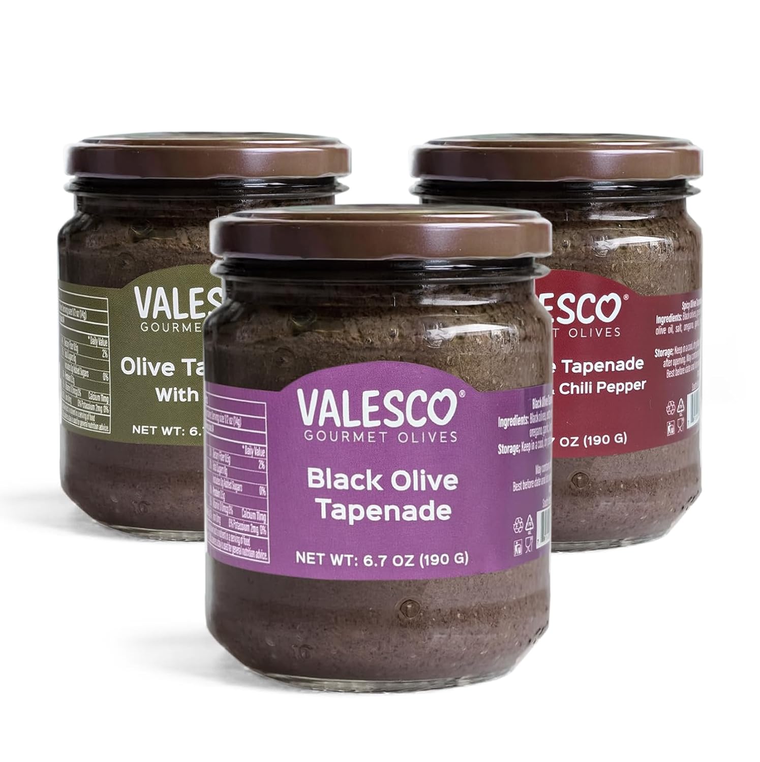 VALESCO Olive Tapenade Variety Pack - Spicy, Herb, and Black Olive Tapenades for Dips, Spreads, and Bruschetta (6.7 fl oz each)