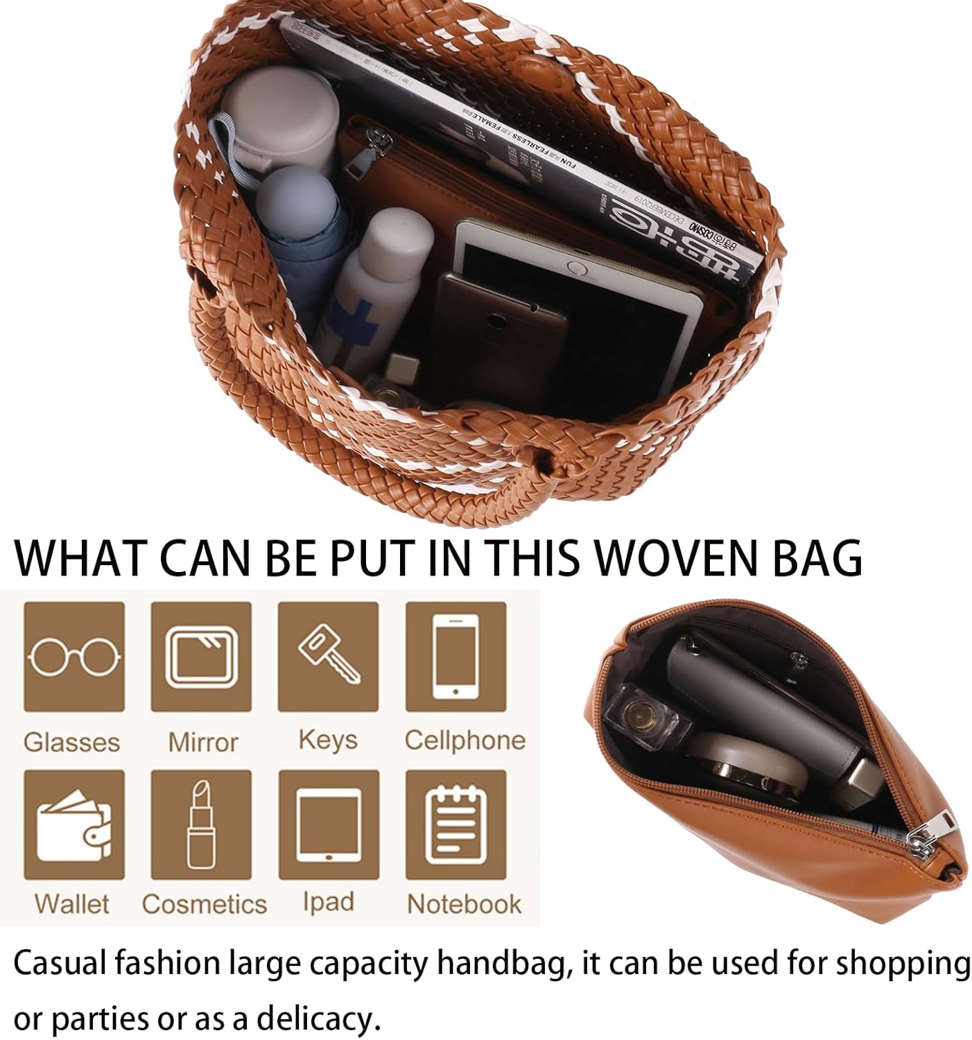 Woven Tote Bag For Women, Large Vegan Leather Travel Handbag, Casual Work Shoulder Bag, Underarm Commuter Hobo Bag With Purse - Image 5