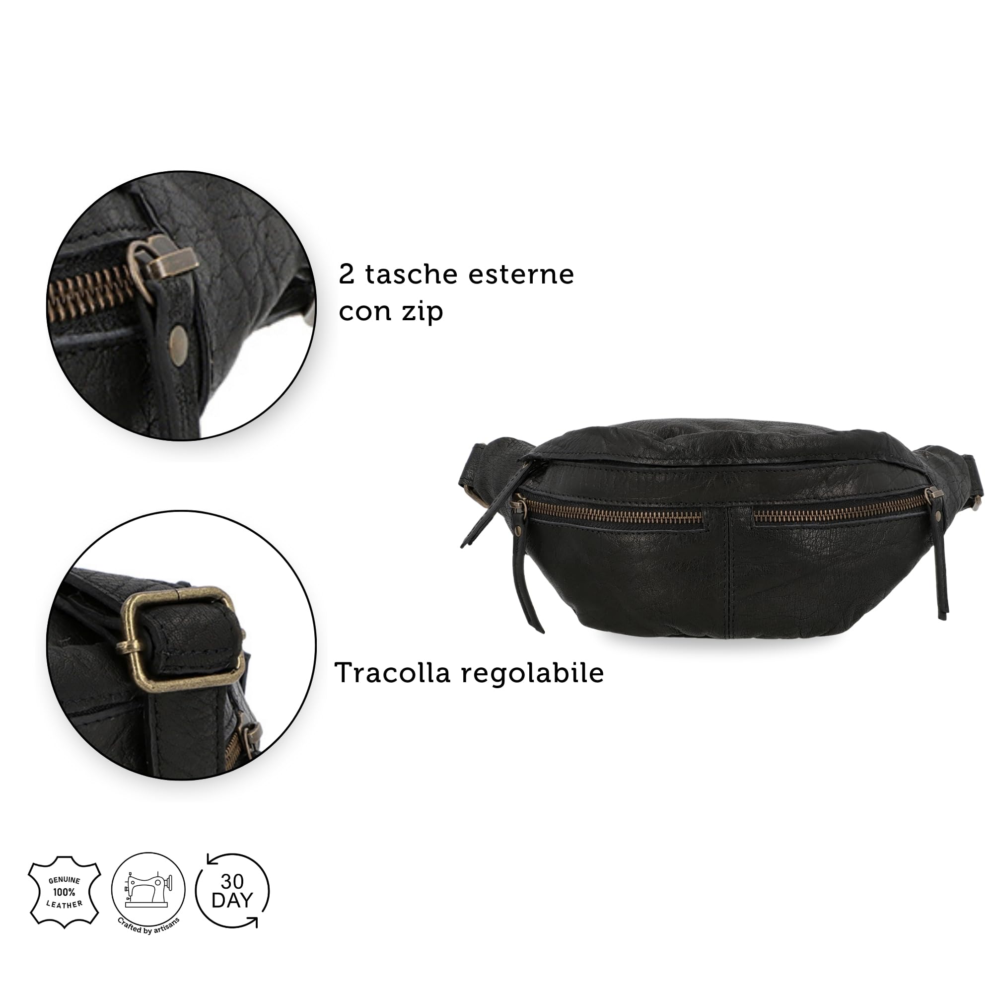 Gusti marsupio in pelle - Acton borsa a tracolla da donna e da uomo per festival borsa da cintura alla moda vintage nero pelle