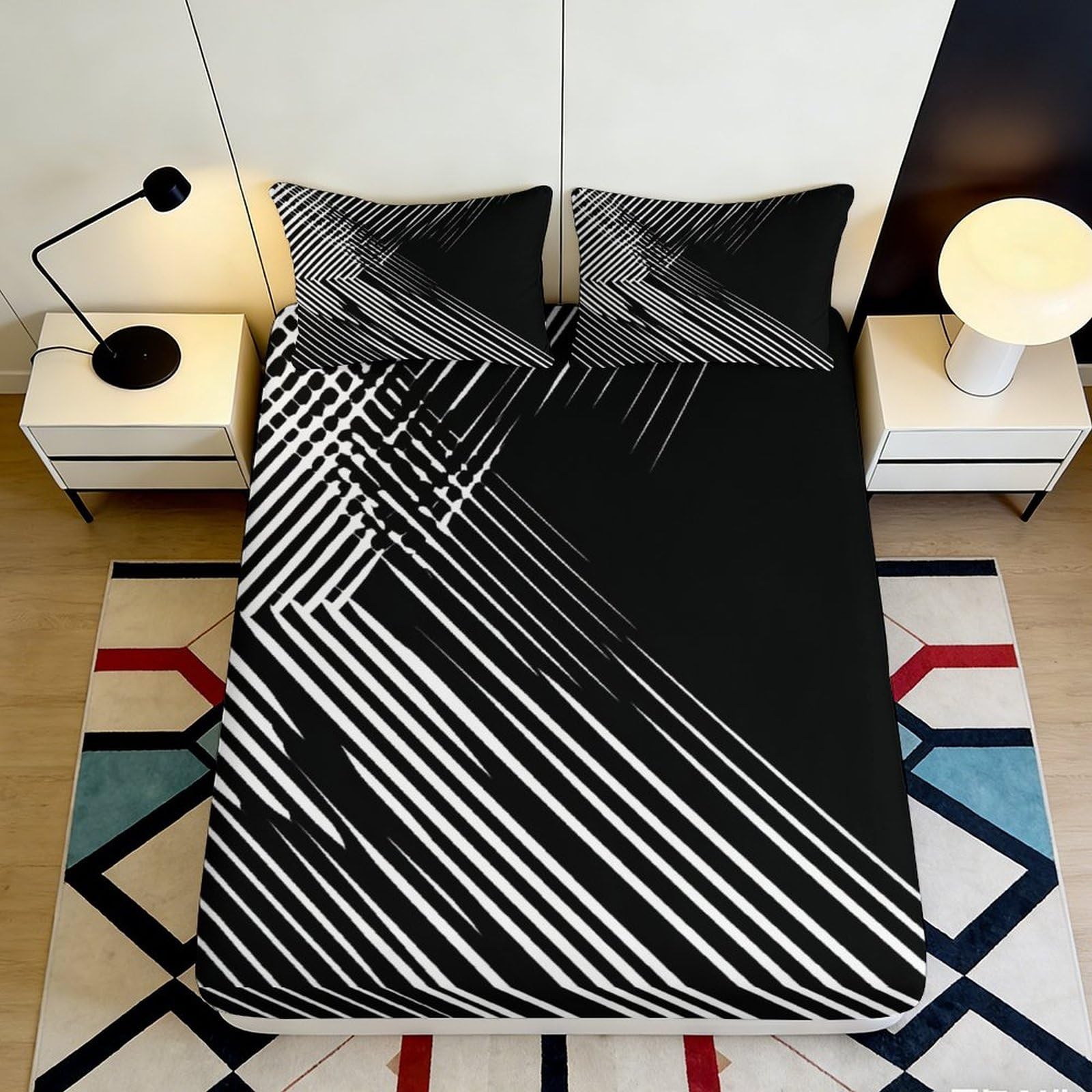 3D Printed Black Geometric Fitted Sheet Microfiber Deep Pocket Bedroom Bedding Black Stripe Mattress Fitted Cover for Adults 90x200x25cm