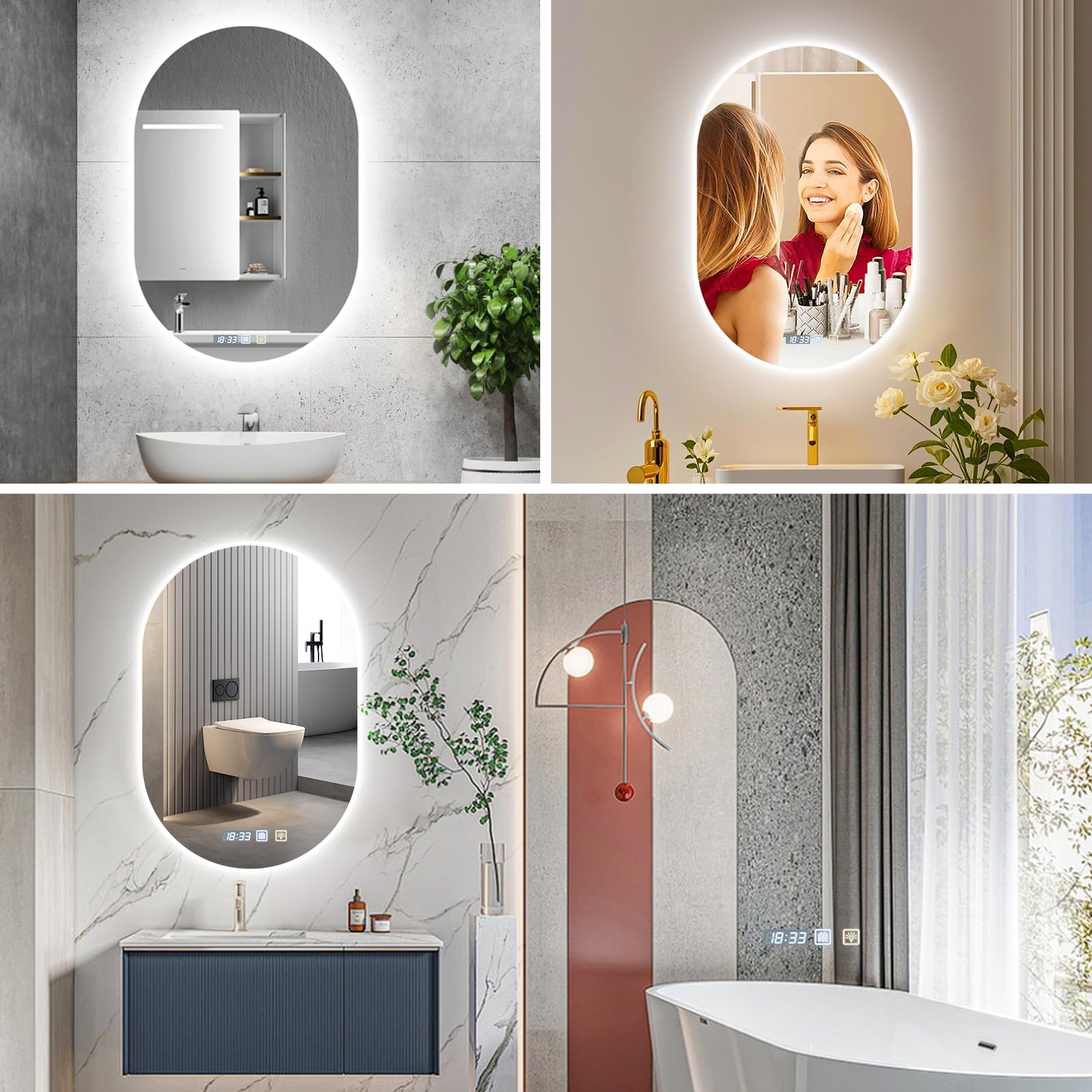 Viugreum Specchio da bagno con illuminazione 50x75cm, Specchio da bagno ovale a LED, Dimmerabile 3 colori della luce, Antiappannamento, Orologio, Interruttore touch, Specchio da bagno LED con