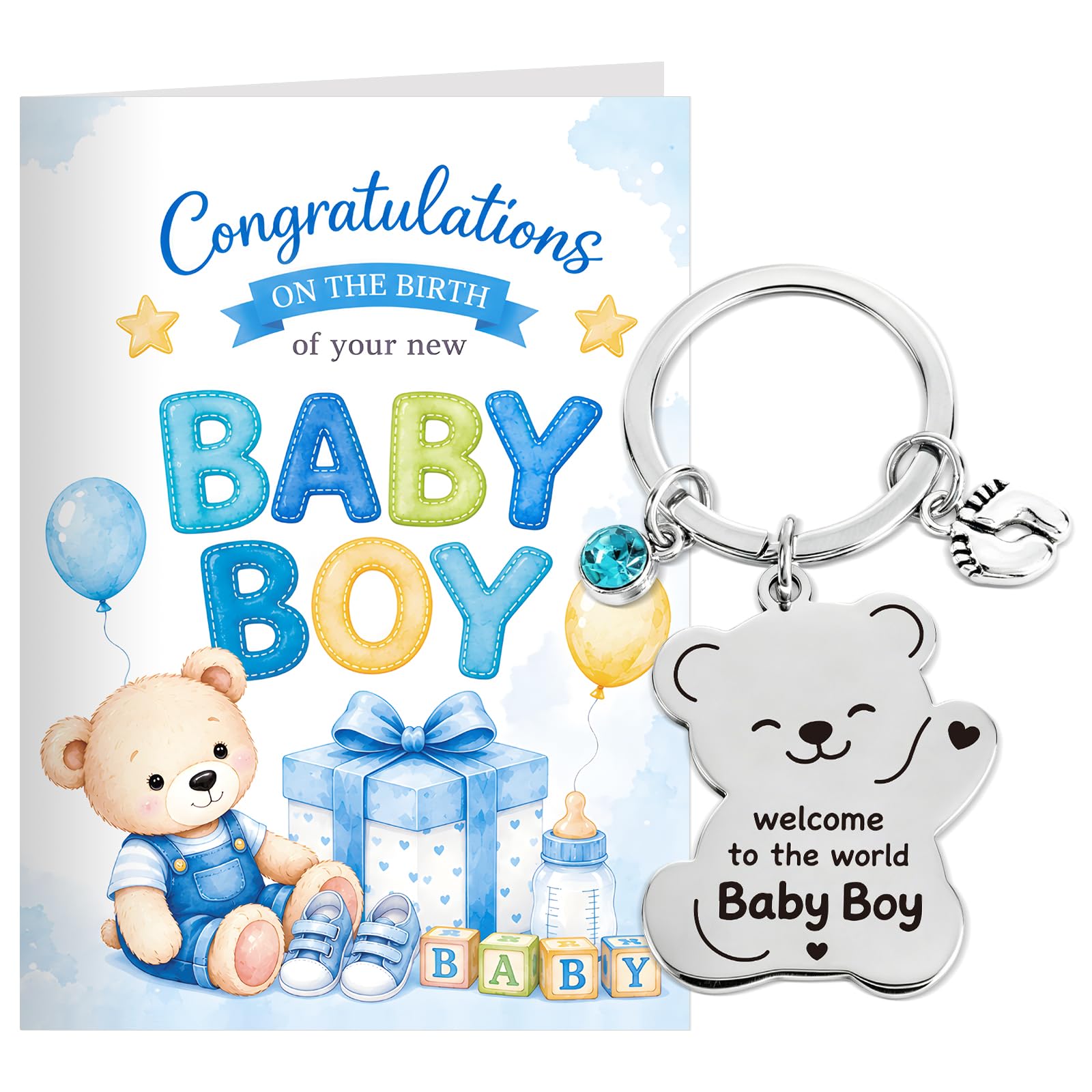New Baby Boy Gifts, Baby Boy Card with Keyring Newborn Gift for Parents