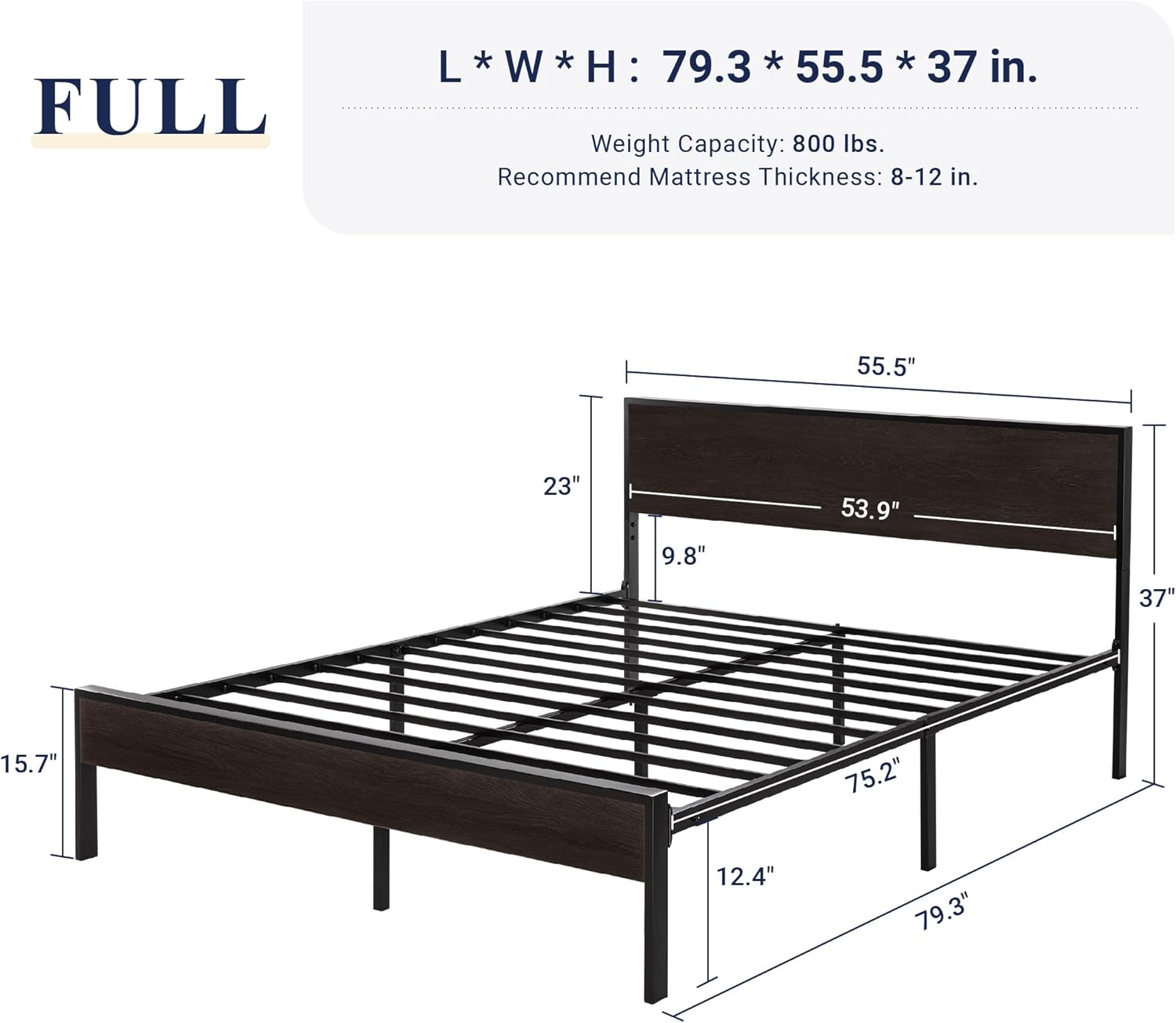 Allewie Full Size Bed Frame with Wood Headboard and Footboard, Heavy-Duty Metal Platform Base, No Box Spring Needed, Saddle Black
