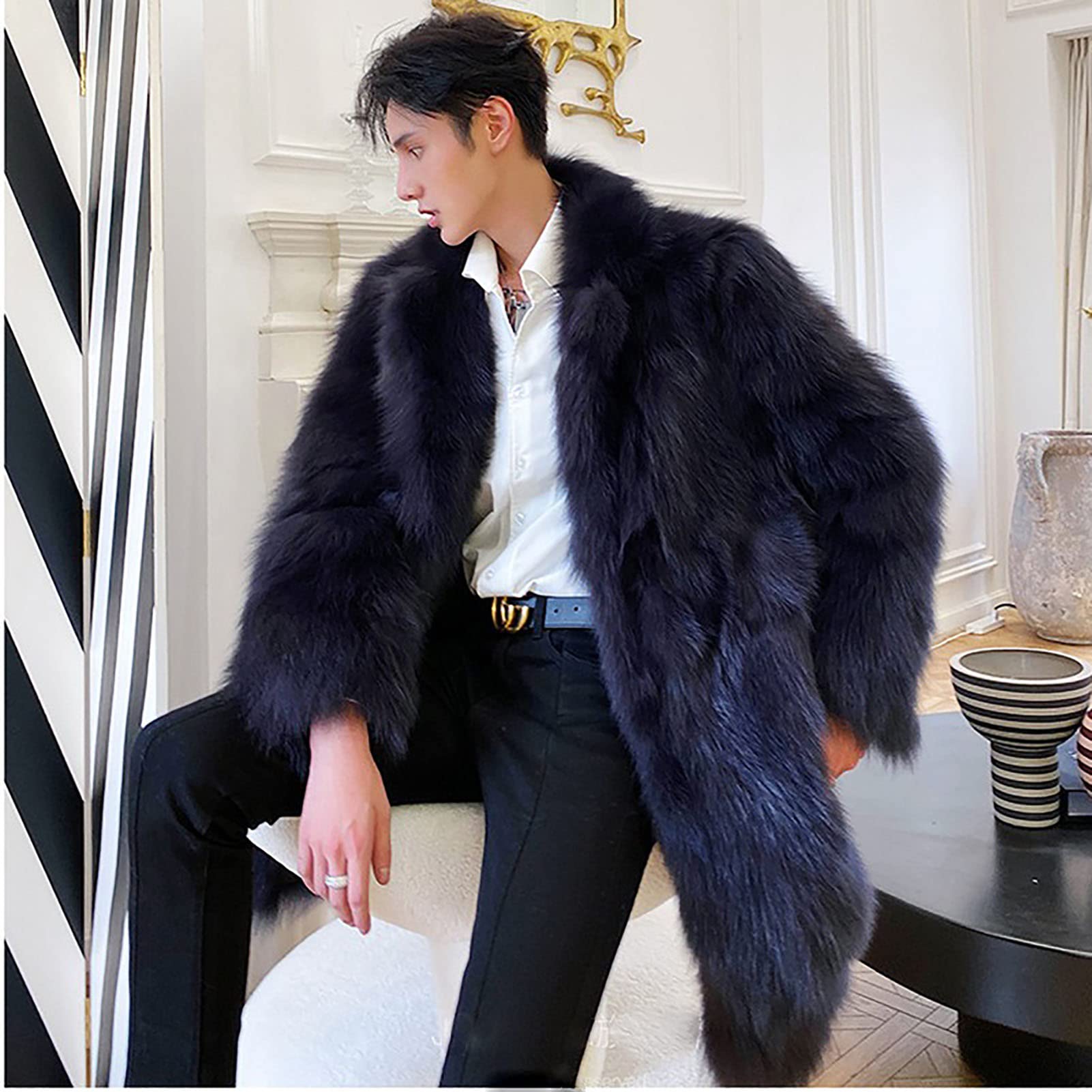 絹100%ブラック ロングファーコート豪華すぎ毛皮 毛皮コート ファーコート フォックスコート メンズ : 本革 レザー 革