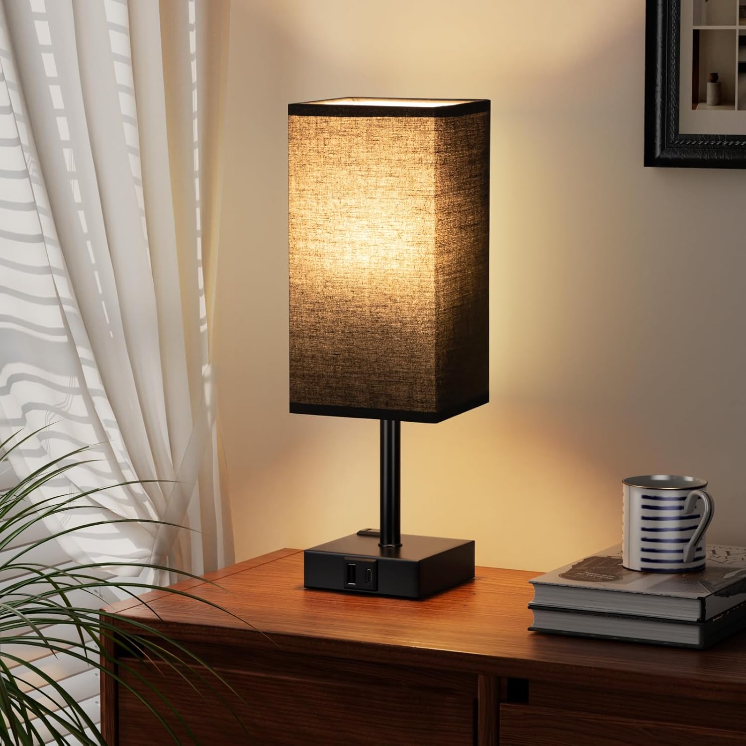 aooshine Black Bedside Lamp for Nightstand - Touch Table Lamp with Type C + A and AC Outlet, Square Charging Lamps for Bedroom Decor, Dorm Lamp for Men, E26 Bulb Included (3000K)