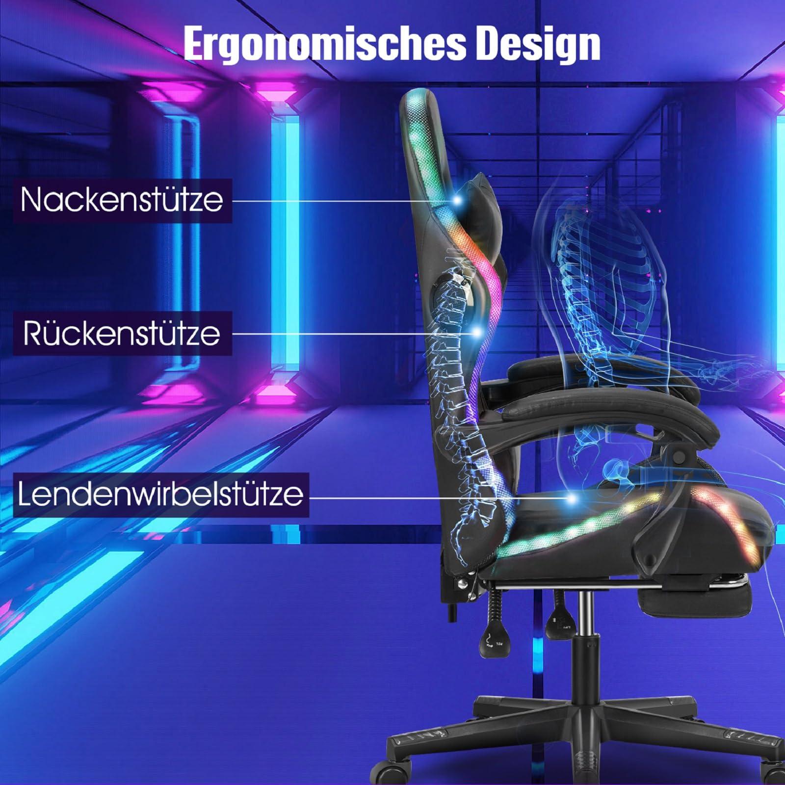 Ergonomischer Gaming Stuhl mit Lautsprechern & LED-Beleuchtung, Verstellbarer PC Stuhl mit Fußstütze, Kopfstütze & Armlehnen, PU-Leder Schreibtischstuhl für Büro & Zuhause, Schwarz