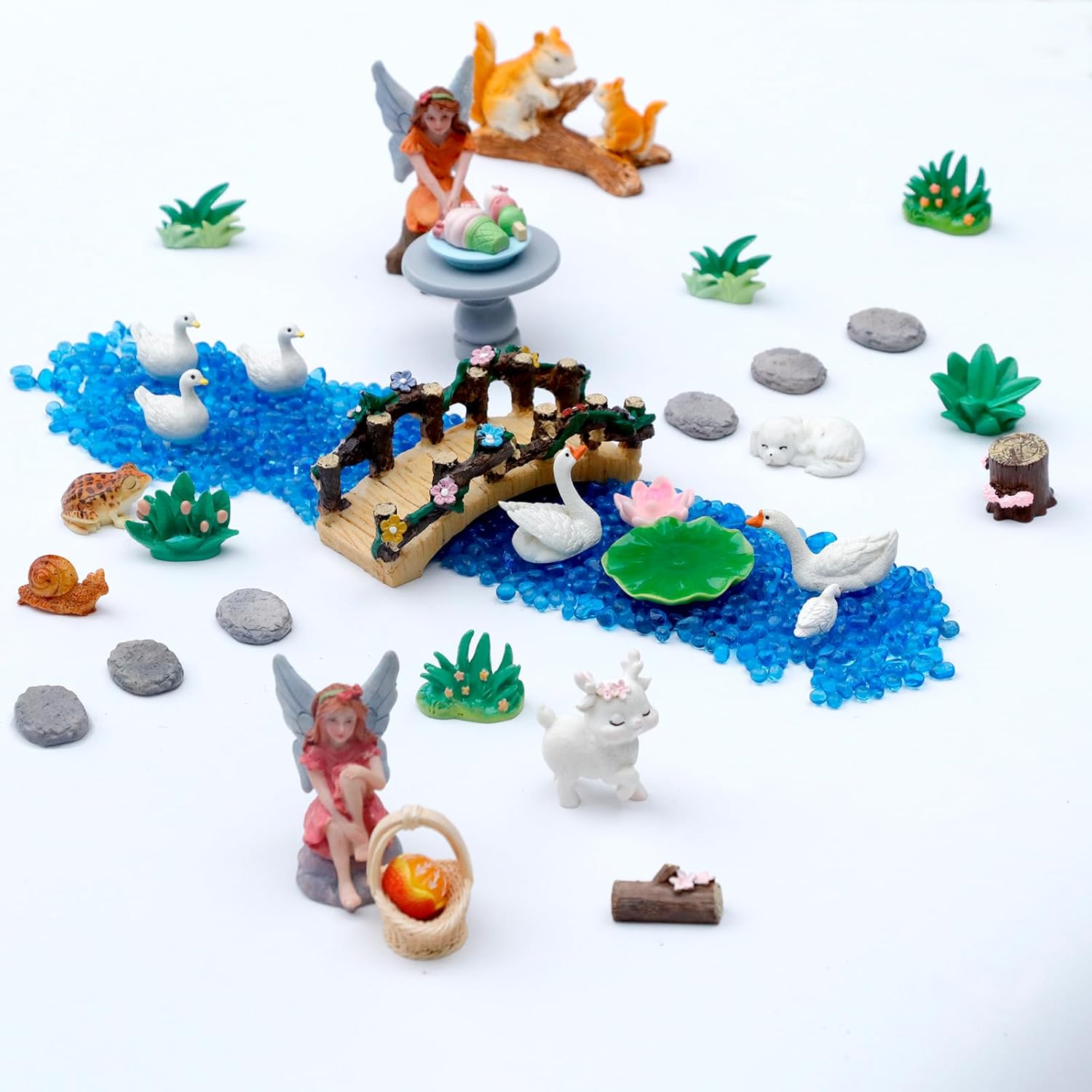 Kai Dream 36 Pcs Fairy Garden Accessories, Miniature Table and Chairs Set, Miniature Fairy Figurines Mini Resin Animals Bridge for Micro Landscape Potted Plant Terrarium Decor DIY Craft Gift