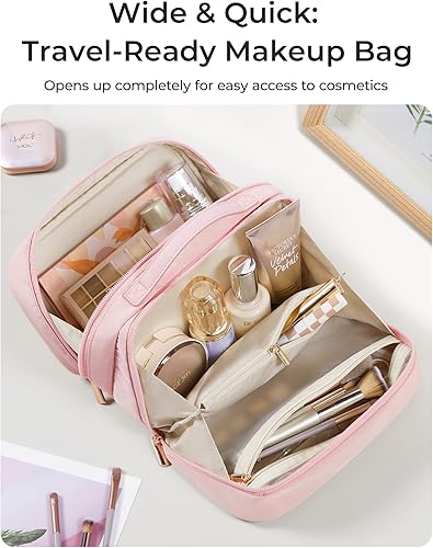 Miniatura 3 de BAGSMART Bolsa de maquillaje de viaje, bolsa de cosméticos, estuche organizador de maquillaje, Rosado, Bolsa cosmética de gran apertura del viaje