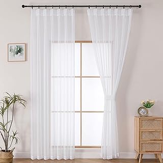 OWENIE White Pinch Pleated Sheer Curtains 84 Inches Long 2 Panels Set fo...