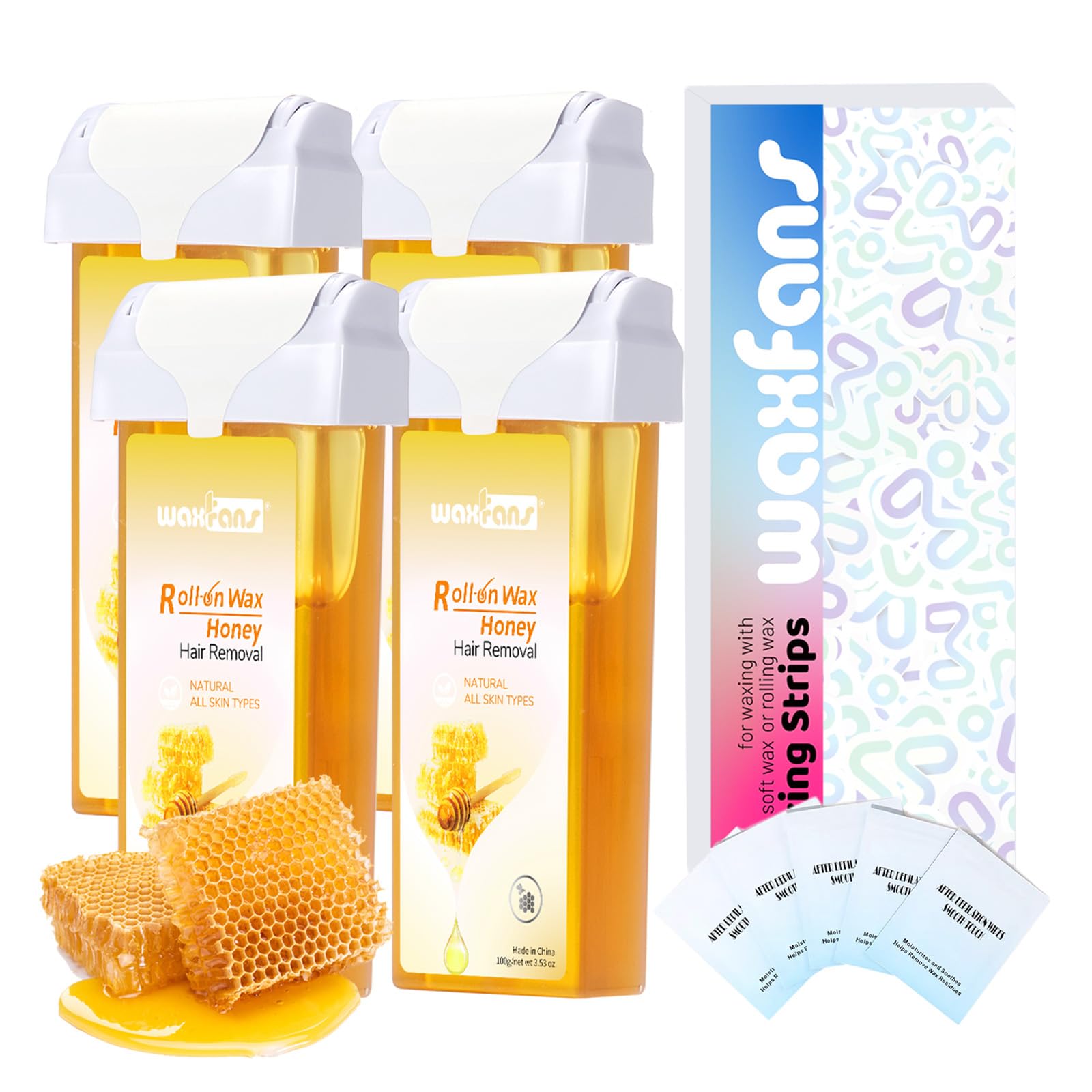 Waxfans Roll On Wax Refill,Waxing Roller Refill for Hair Removal,100% Natural,Quick Melting - For Coarse and Fine Hairs.with 3.53 Ounce(Pack of 4) Honey Wax Rollers, 50 Strips (Honey)