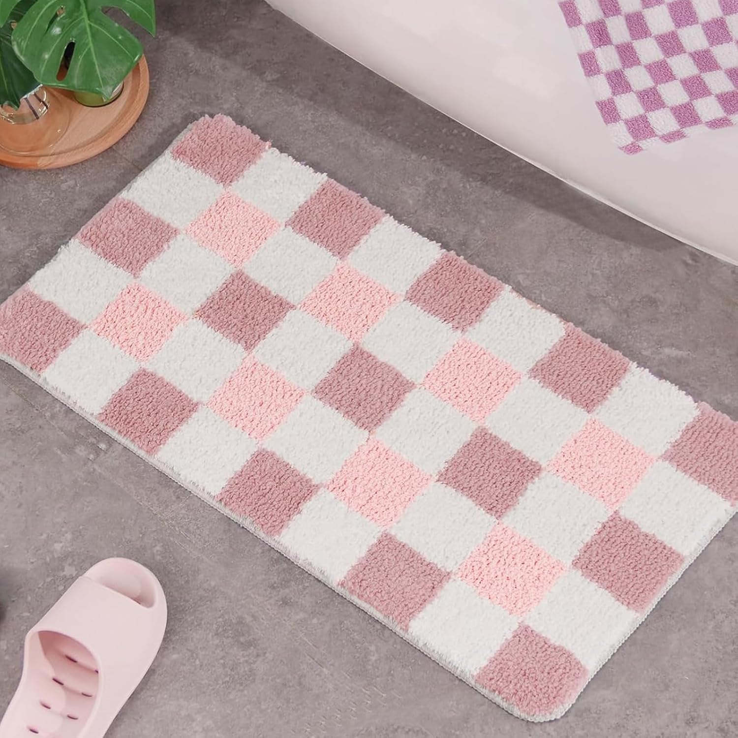 Softania Pink Bathroom Rugs Cute Checkered Bath Mat Non