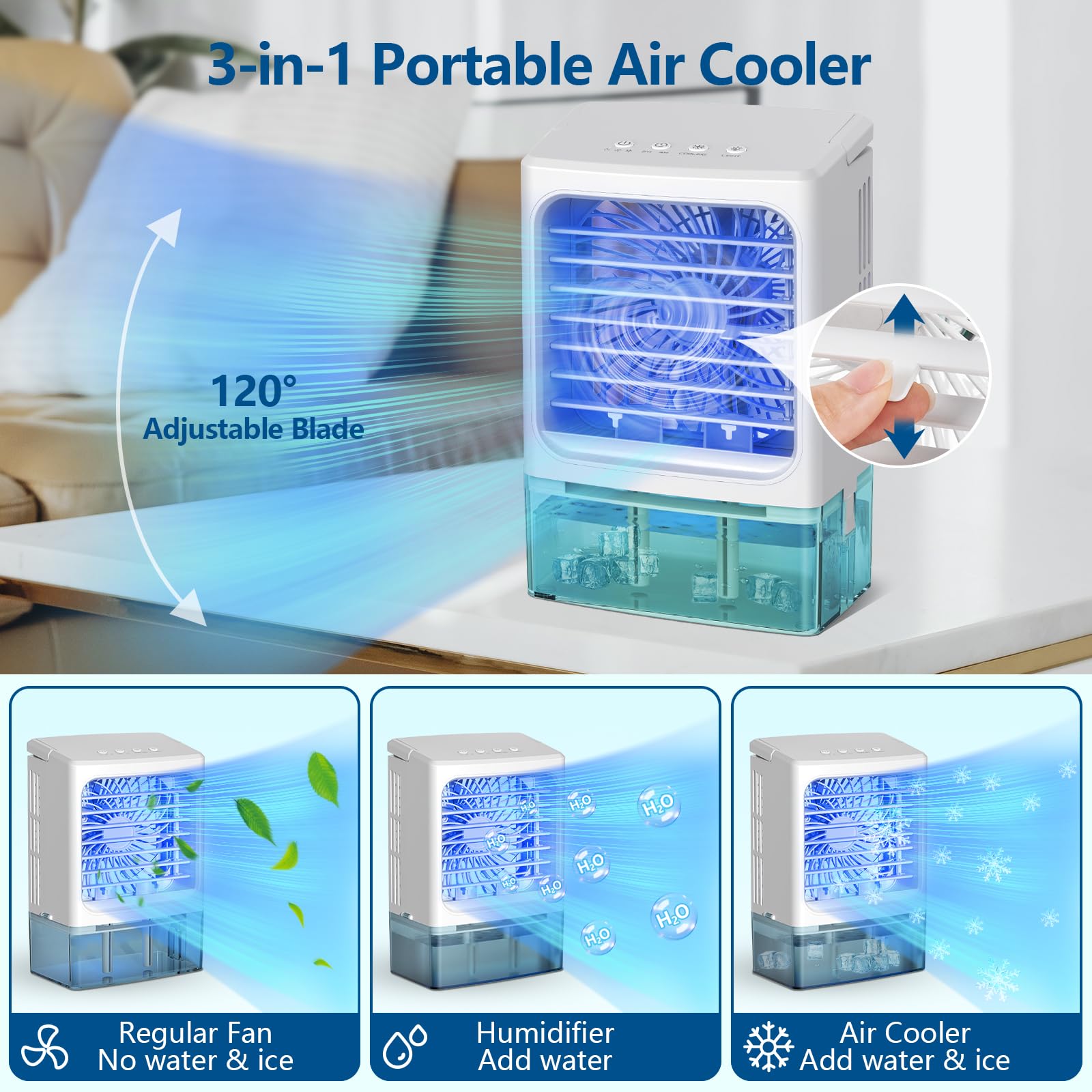 Aire acondicionado portátil, enfriador de aire evaporativo 3 en 1, 3 velocidades, 2 salidas de pulverización, 900 tanques visibles, 7 colores de luz, 2 temporizadores, mini ventilador de enfriamiento 2