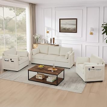 Mofolit Sofa Set for Living Room Corduroy Couch Sets 3 Seater and Single Chair, Sofas for Apartment and Small Spaces Beige, Sofa Set