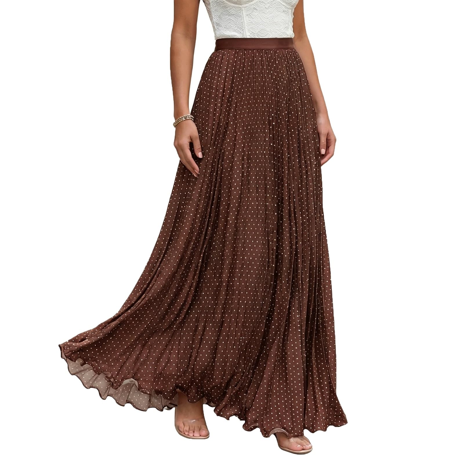 Midi Long Skirt Pleated Women's Maxi Skirts Polka Dot Printed(Caf�,Small)