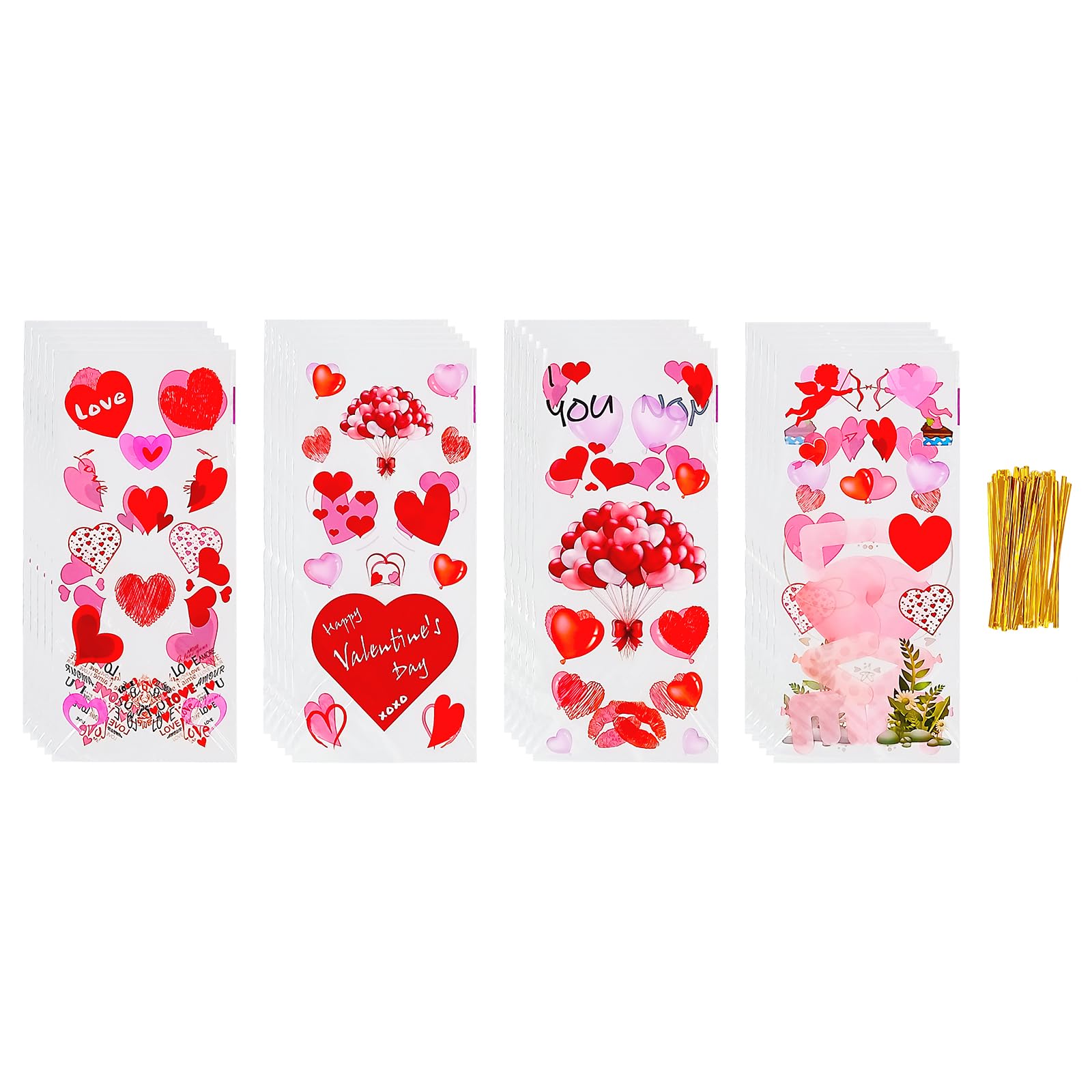 Jagrove Valentine Cellophane Treat Bags with Gold Twist Ties 50 Pieces Heart Print Plastic Bags Goodie Cookies Candy Bread Gift Bags for Valentine's