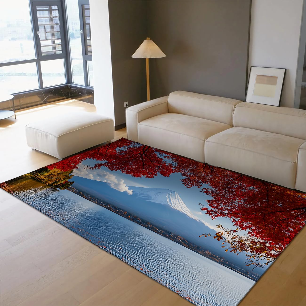 Tapis mince à poils ras Mont Fuji lavable pour sol glissant