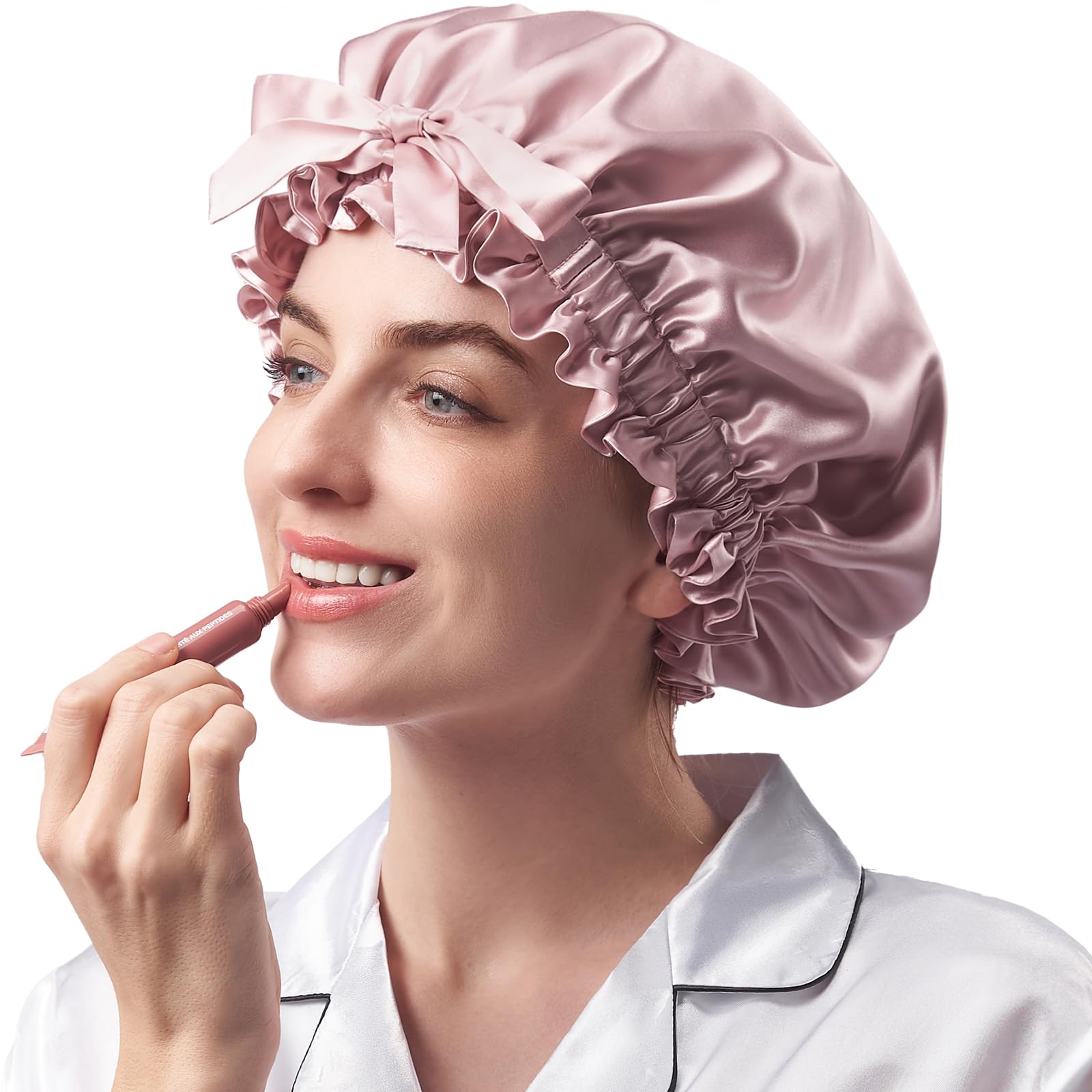 Umisleep 22 Momme 100% Maulbeerseide Seidenhaube zum Schlafen mit Rüschen – Doppelseitig, Weich & Atmungsaktiv, Verstellbares Breites Band für Lockiges Haar, Rosa