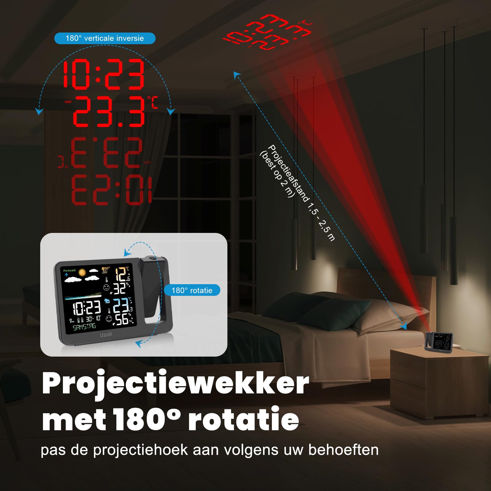 UZOLI EM3539E Projectieklok met weerstation, Radiogestuurde klok, 180° Draaibare projectie, Temperatuur, Vochtigheid, Weersvoorspelling, 2 Wekkers, Comfortniveaus, 1 Draadloze buitensensor UZOLI EM3539E Projectieklok met weerstation, Radiogestuurde klok, 180° Draaibare projectie, Temperatuur, Vochtigheid, Weersvoorspelling, 2 Wekkers, Comfortniveaus, 1 Draadloze buitensensor