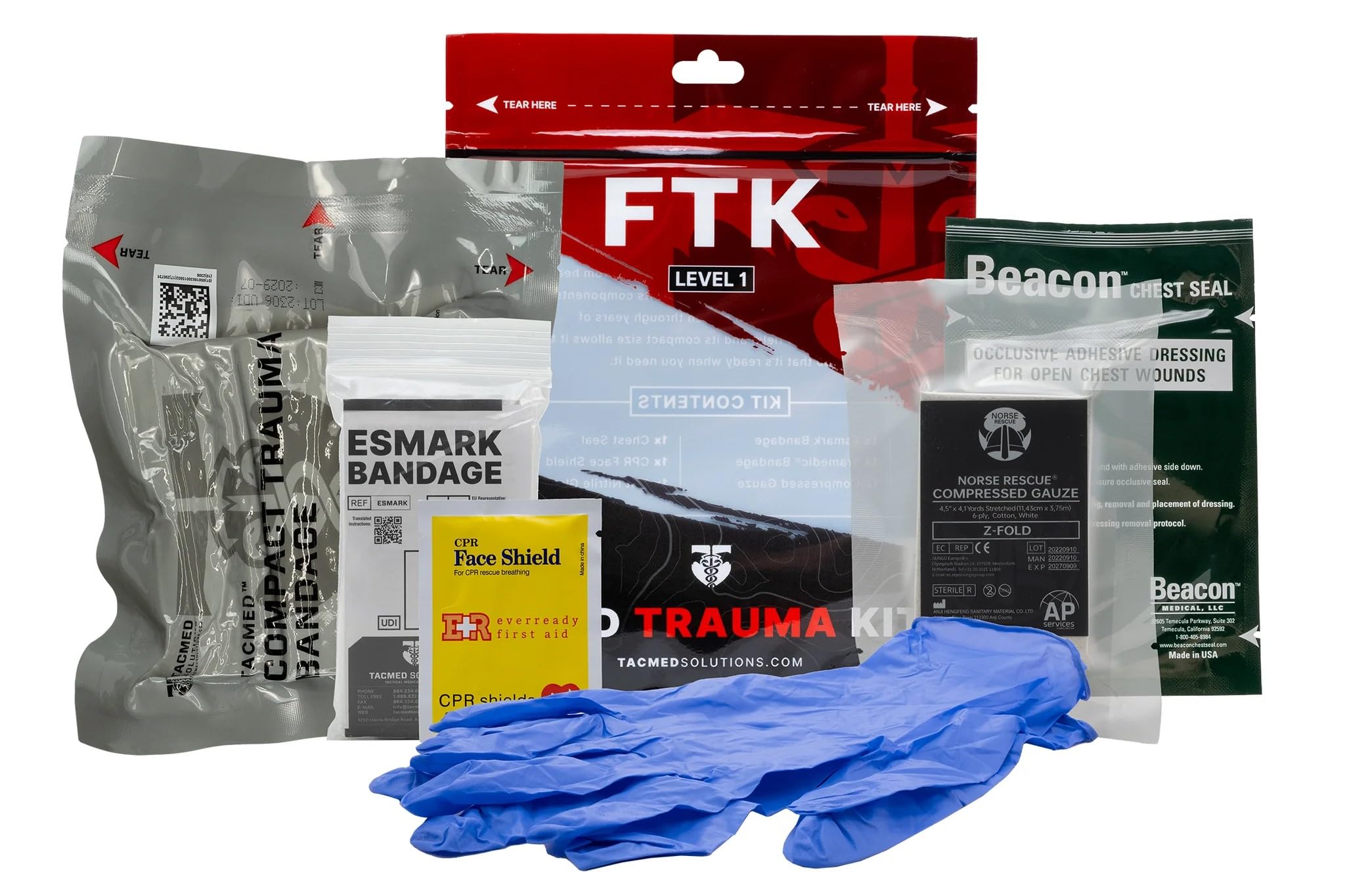 TacMed Solutions - Kit de trauma de campo Nivel 1, (FTK) Kit compacto impermeable con sangrado y control de heridas en el pecho, incluye vendaje compacto para trauma y vendaje Esmark