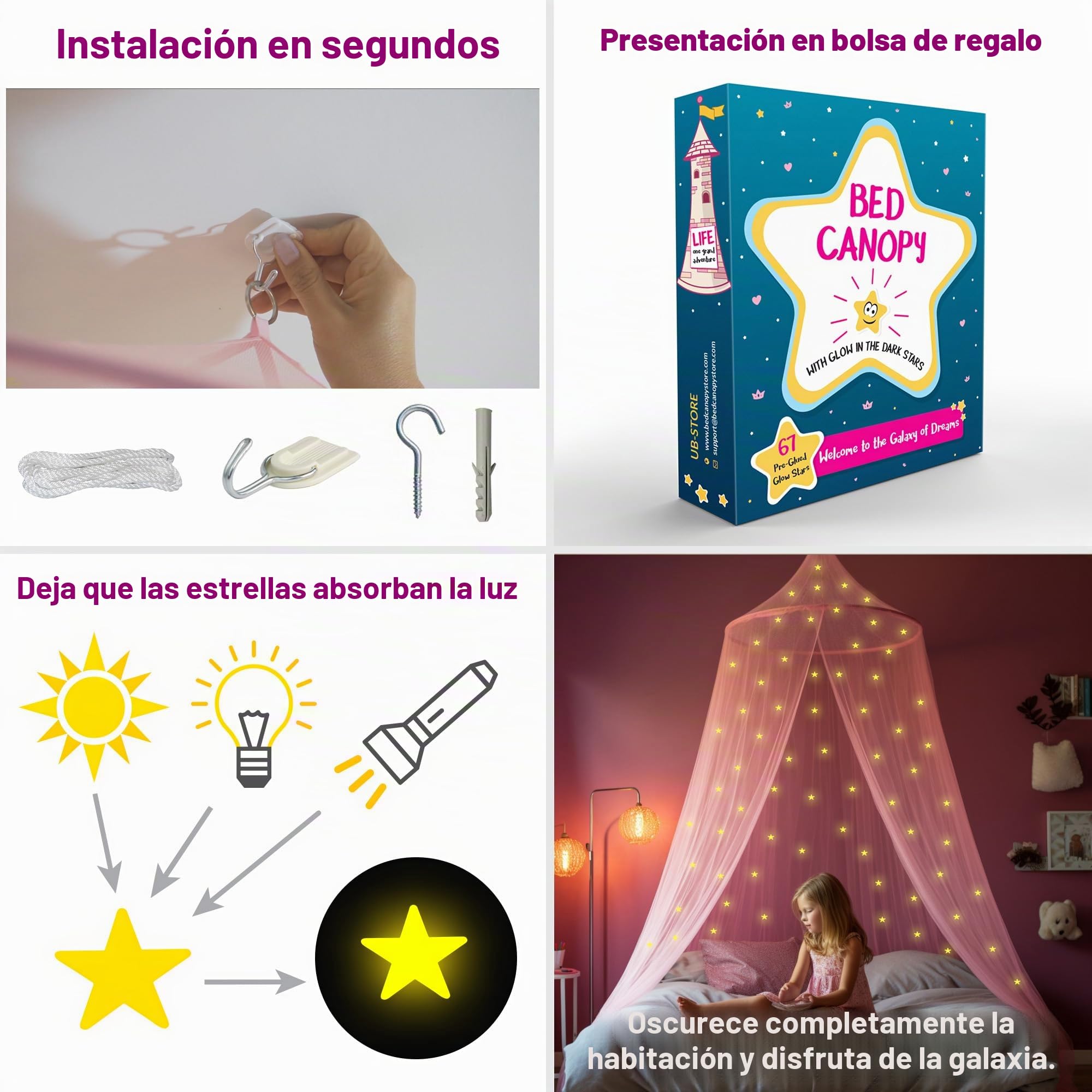 Toldo rosa para cama de niña con 67 estrellas prepegadas que brillan en la oscuridad – Princesa Mosquitera Decoración de la habitación – Tienda de dormitorio infantil y bebé con luces galaxias