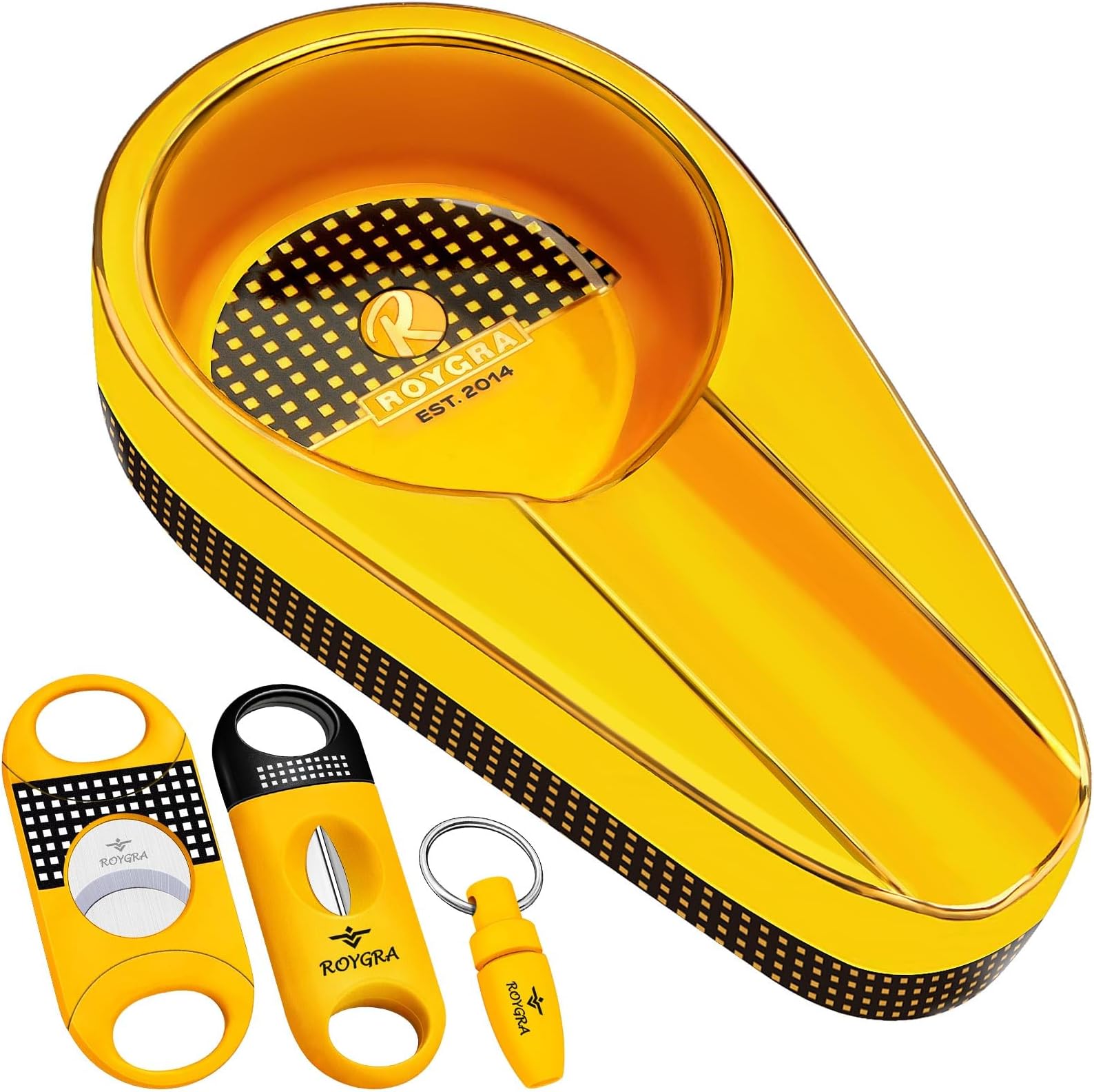 roygra Cigar Ashtray with 3 Cigar Cutter for all Cigars, Ceramic Handmade Gilt Ash Tray, Outdoor Indoor Portable Accessories (Orange)